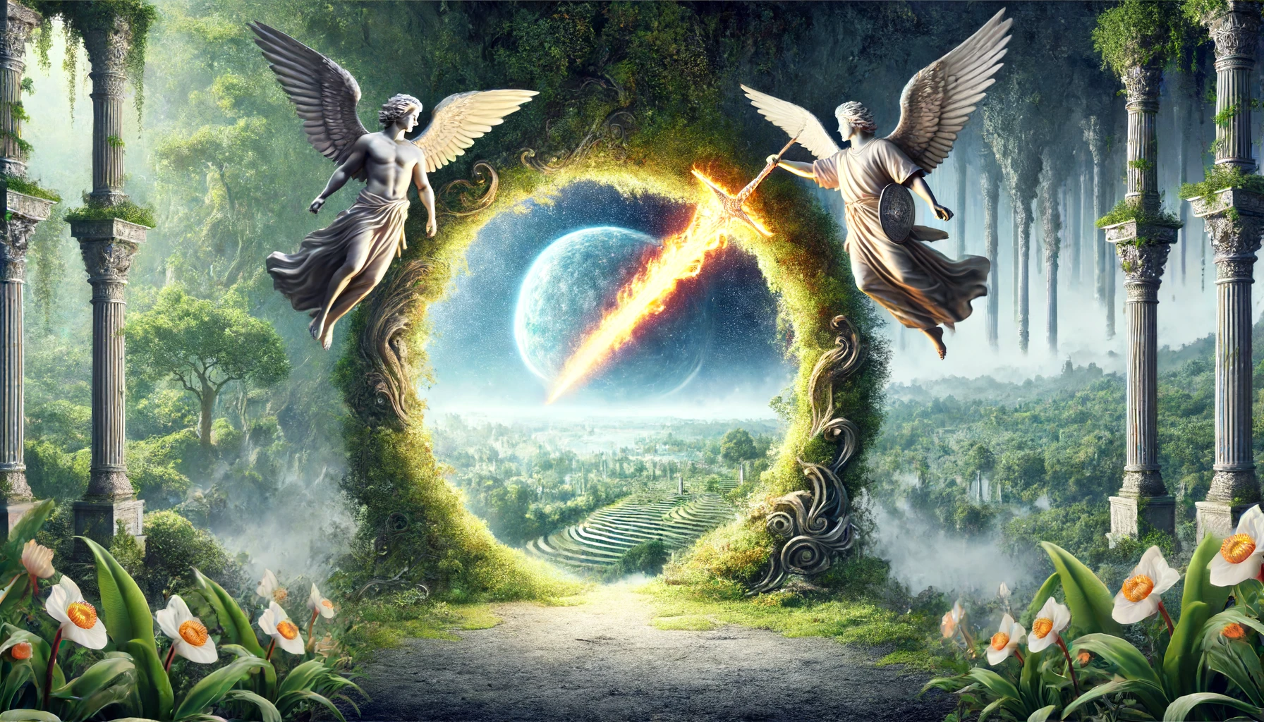 The entrance to the Garden of Eden, with cherubim standing guard.