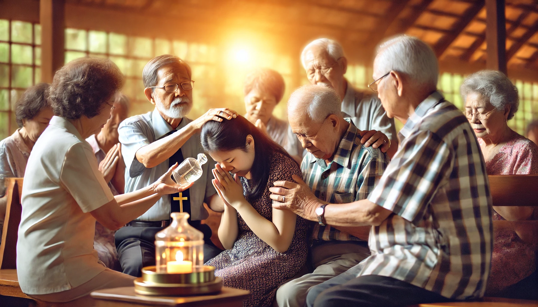 A heartfelt scene in a church setting with elders gathered around a person who is praying.