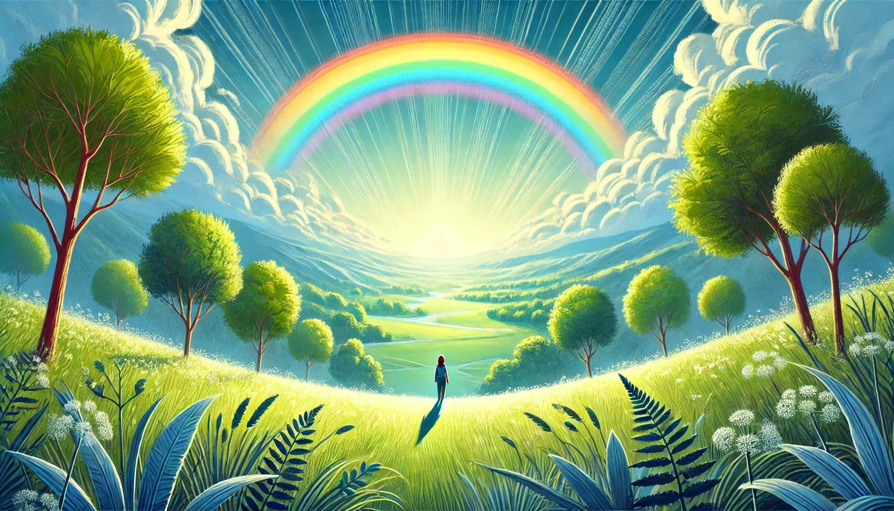 A hopeful and uplifting scene featuring a bright sky with a rainbow arching over a lush, green landscape.