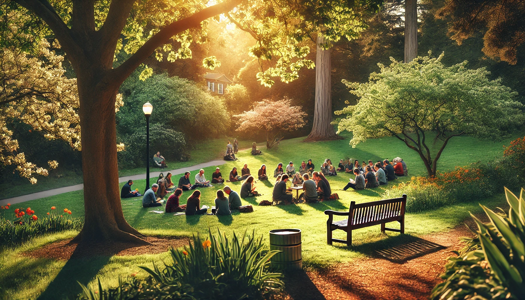 A peaceful outdoor scene in a park with a small group of people sitting on benches and the grass.