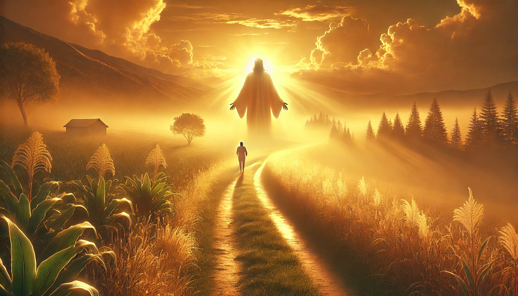 A serene and inspiring landscape with a golden sunrise over a path in the countryside.