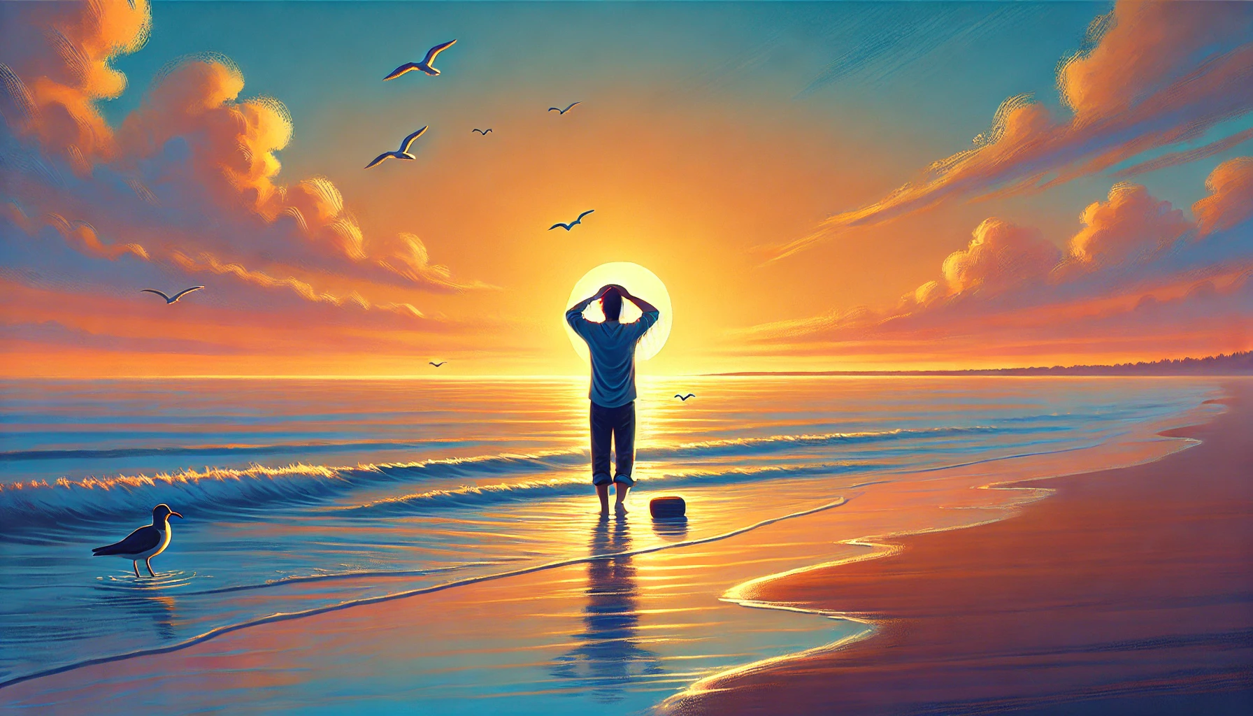 A serene beach scene at sunset with a person standing on the shore, casting their burdens into the ocean.
