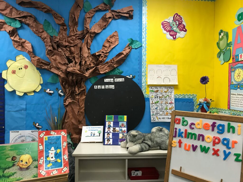 Parents worried about bullying related to Texas' Christian-based curriculum A corner of a child's classroom decorated with colorful walls and charts.