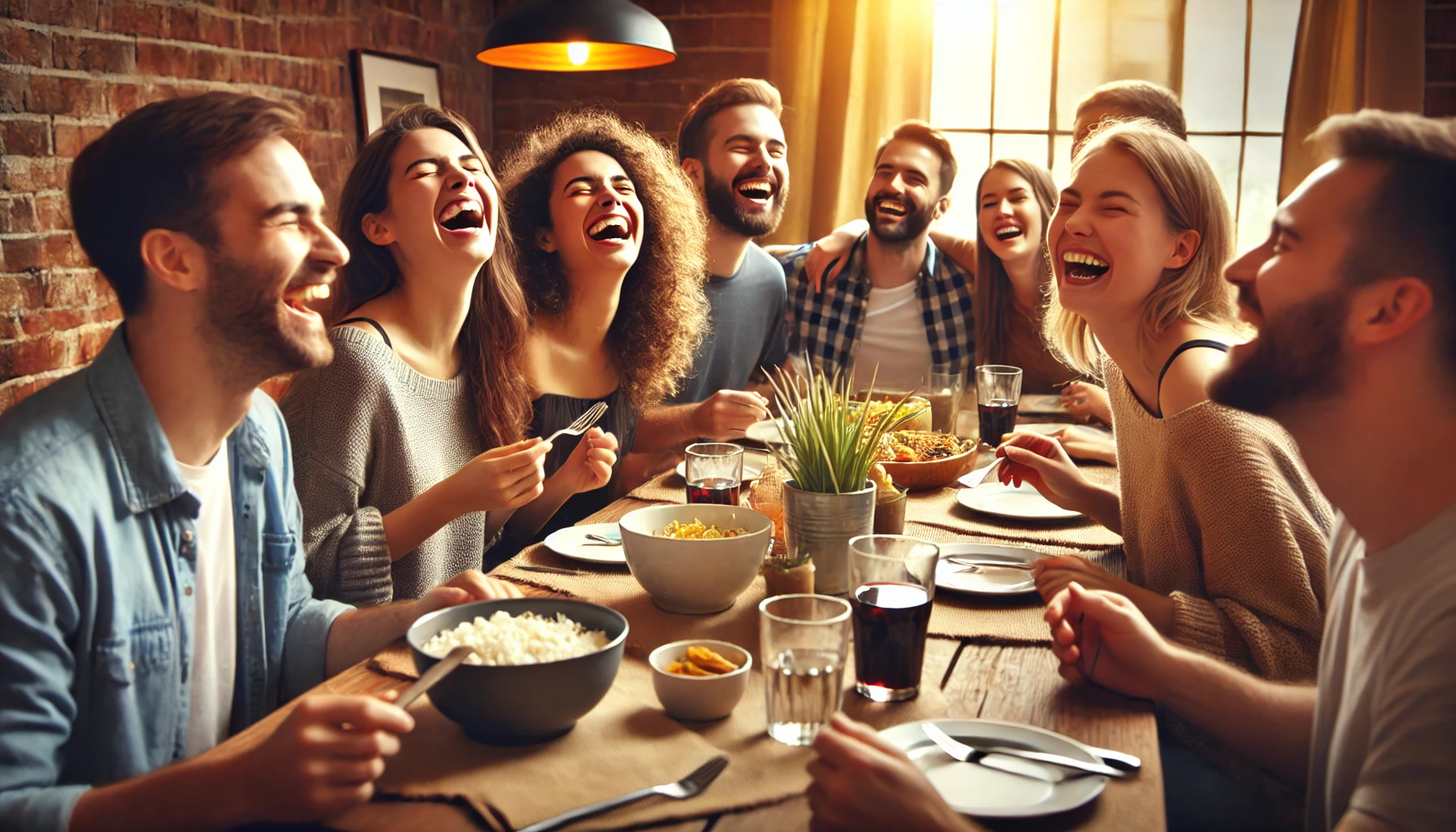 A joyful scene of a group of friends gathered together in a cozy living room, sharing a meal and laughing.