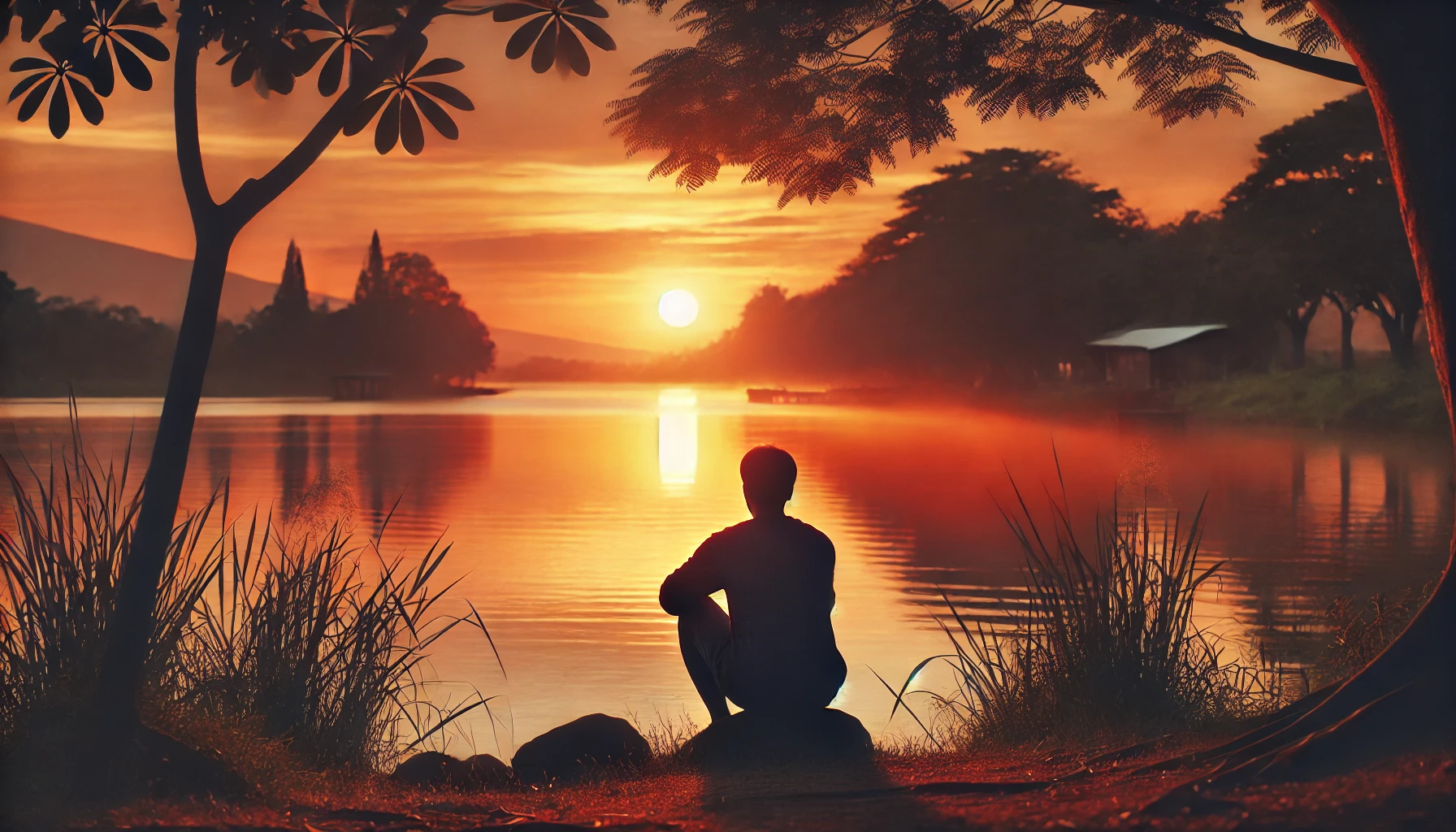 A peaceful scene at sunset showing a person sitting quietly by a lake.