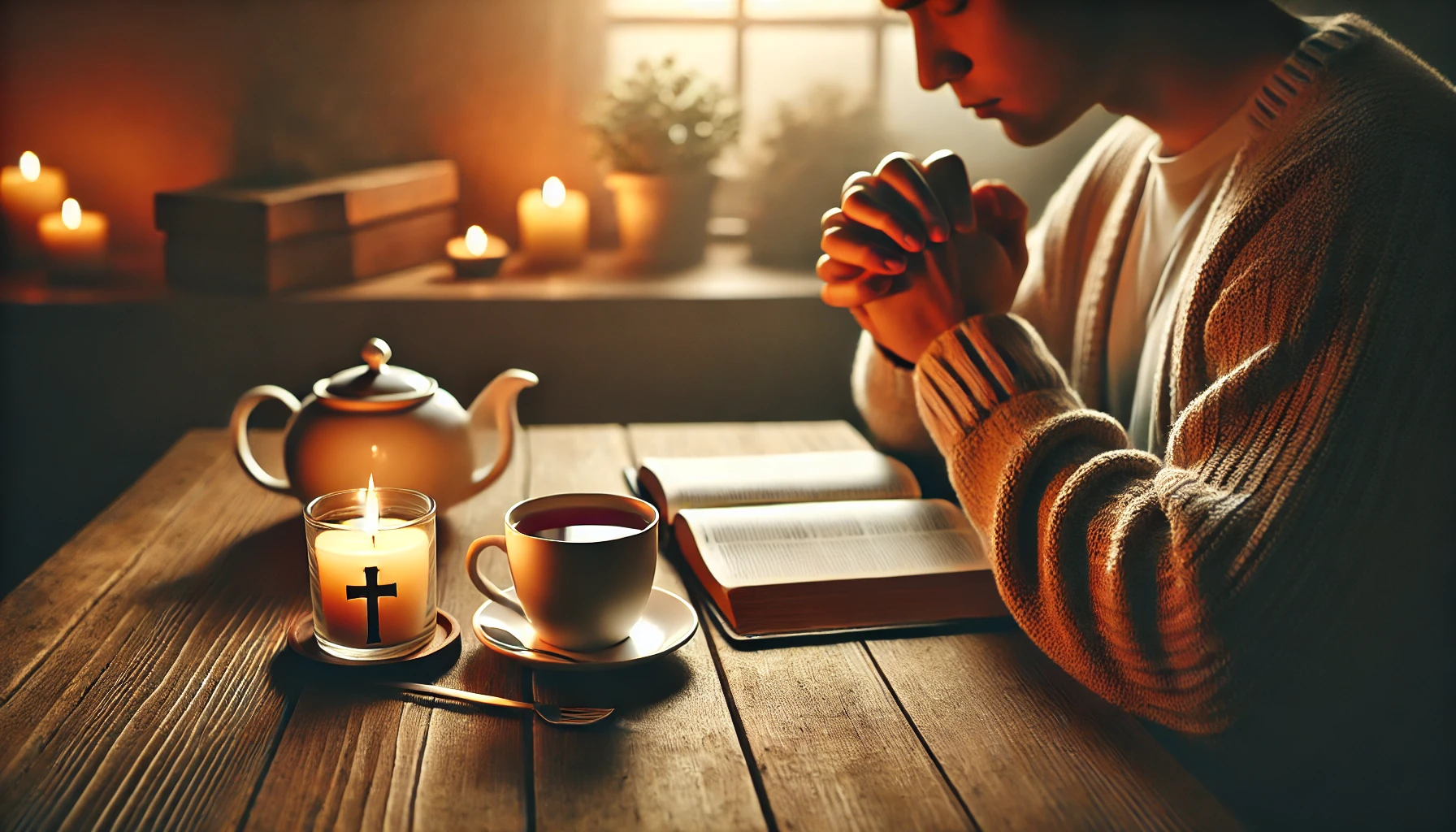 A peaceful scene of a person praying at a wooden table with an open Bible, a lit candle, and a cup of tea.