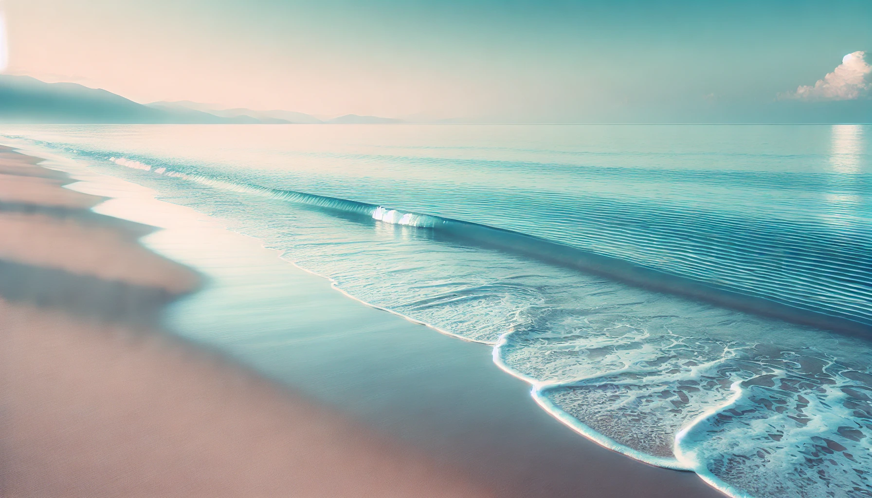 A serene beach scene with calm waves gently lapping against the shore.