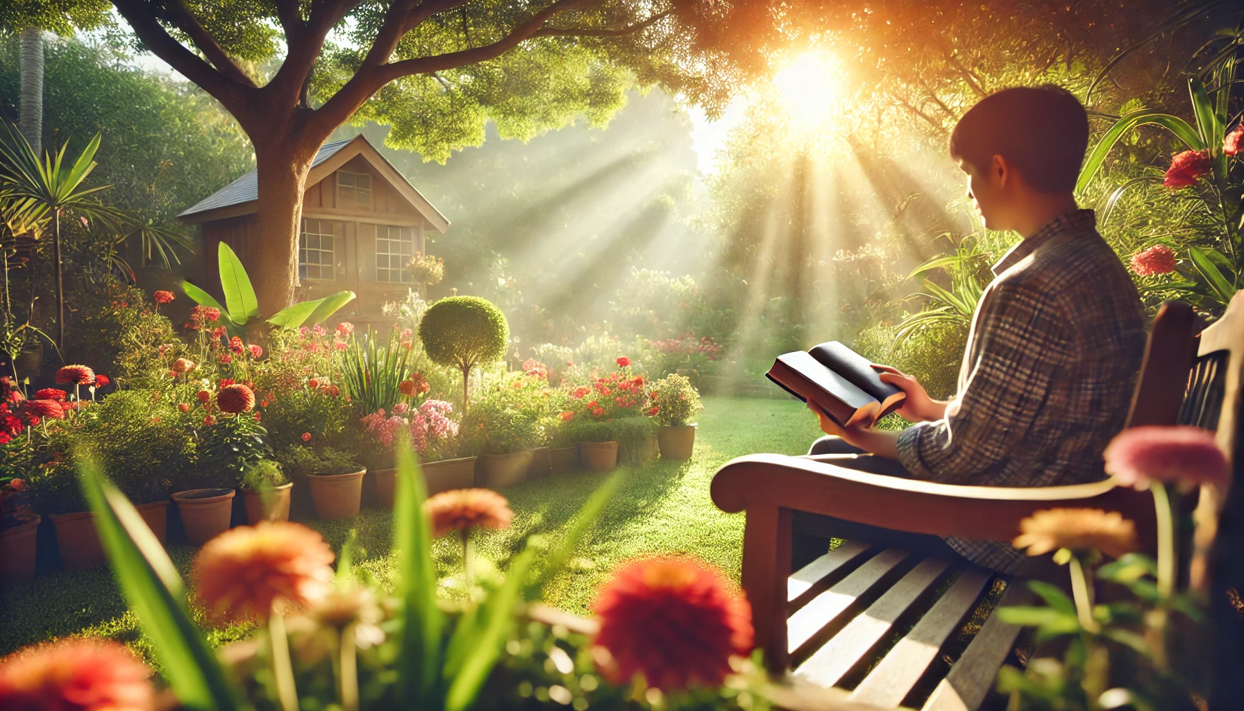 A serene outdoor scene of a person sitting on a bench in a beautiful garden, reading a Bible.