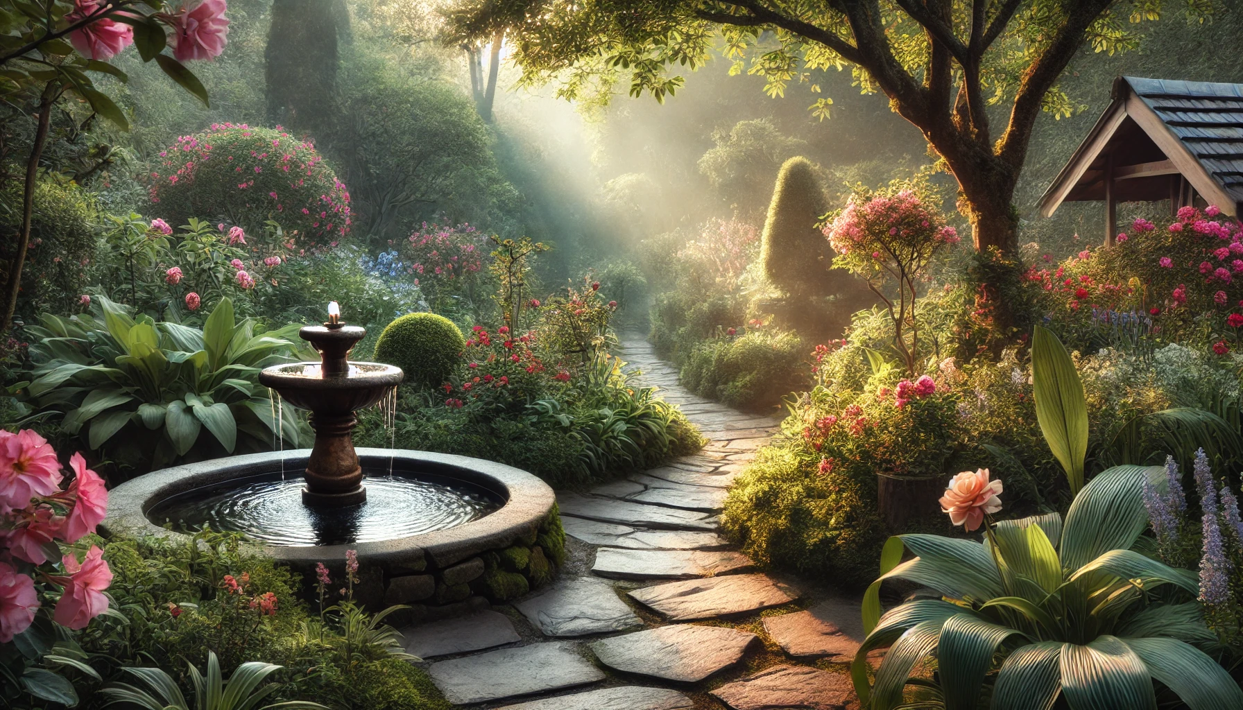 A tranquil scene of a quiet garden with blooming flowers, a stone path, and a small fountain.