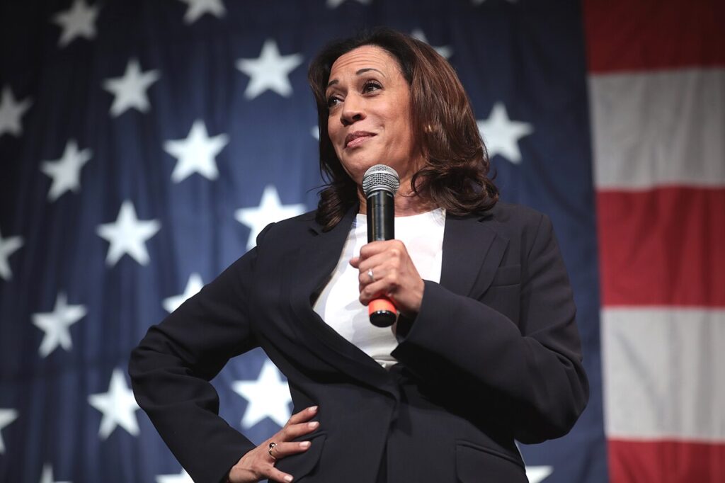 False Claims About Kamala Harris Debunked: Citizenship and More VP Kamala Harris standing with hand on hip and microphone in the other hand.