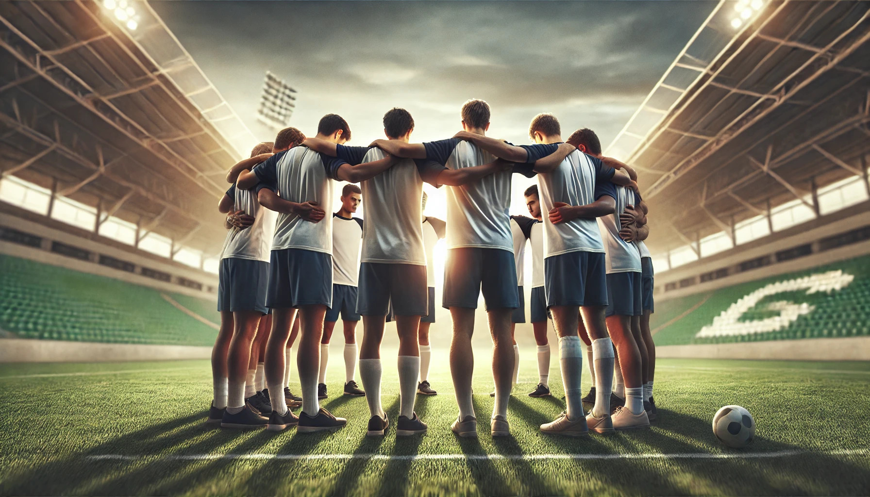 A diverse group of athletes in a huddle, each placing their arms around one anotherโs shoulders.