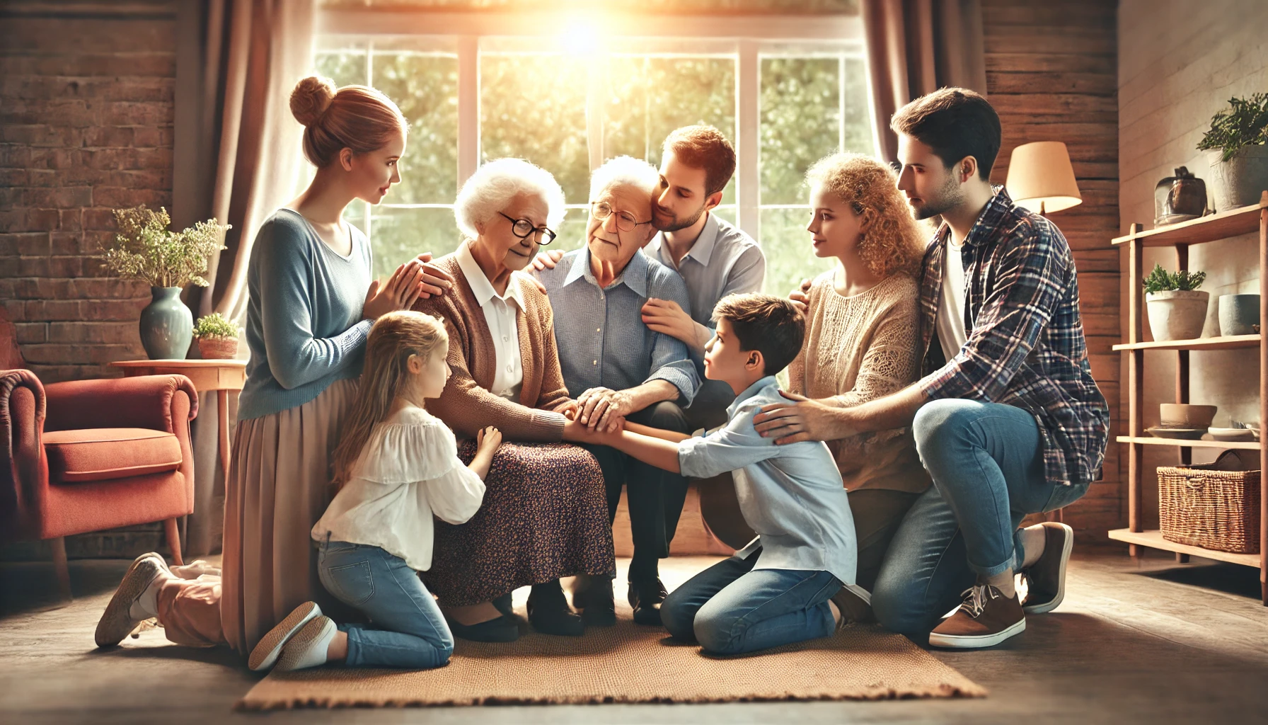 A family scene where adult children are honoring their elderly parents by embracing and showing love.