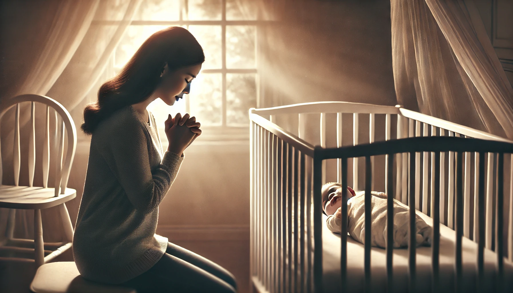 A mother in deep prayer, sitting by a crib with her newborn child.