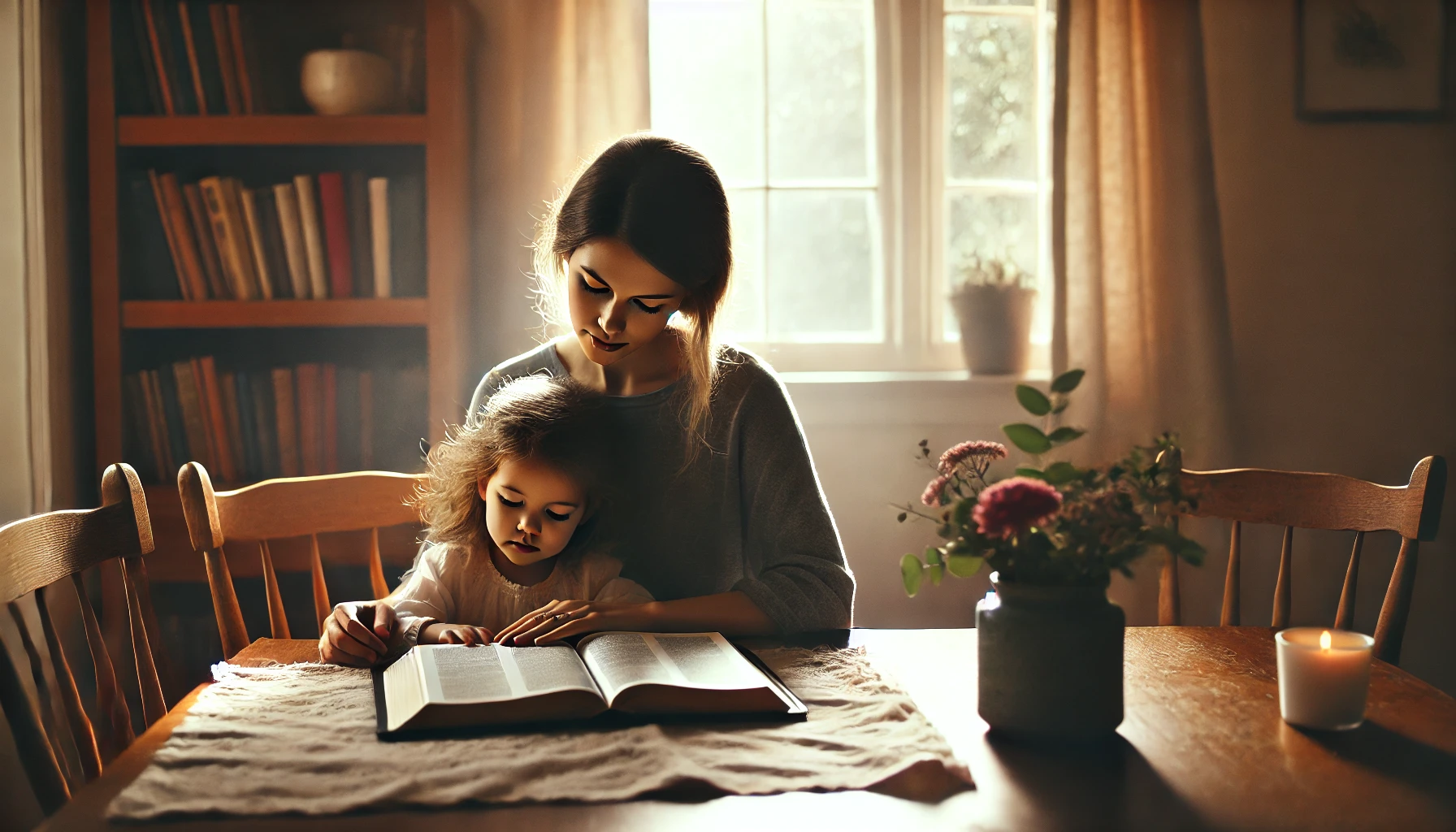 A mother sitting at a table with her young daughter, sharing a quiet moment as they read from an open Bible.
