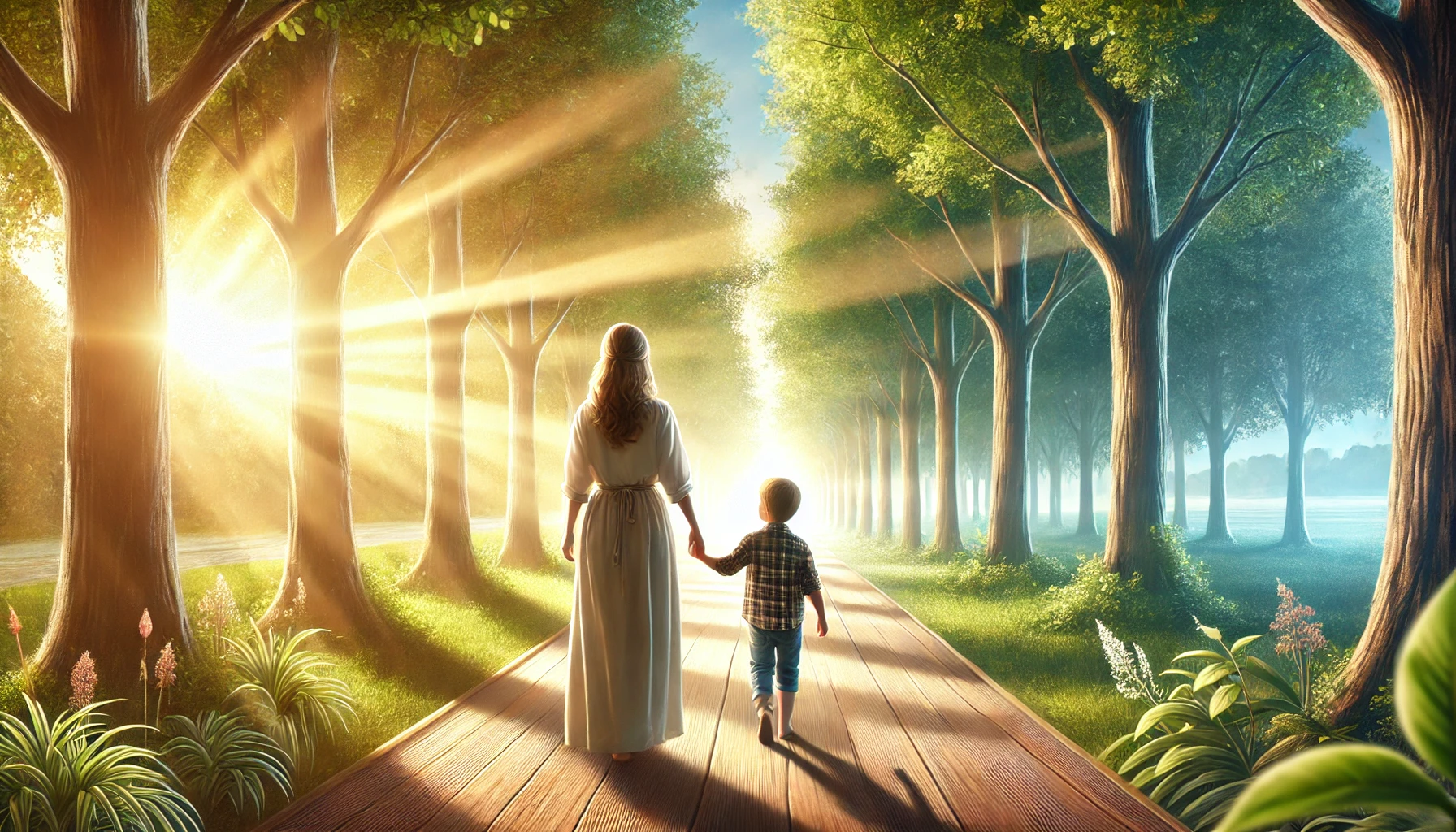 A mother watching her child walk confidently down a bright, tree-lined path.