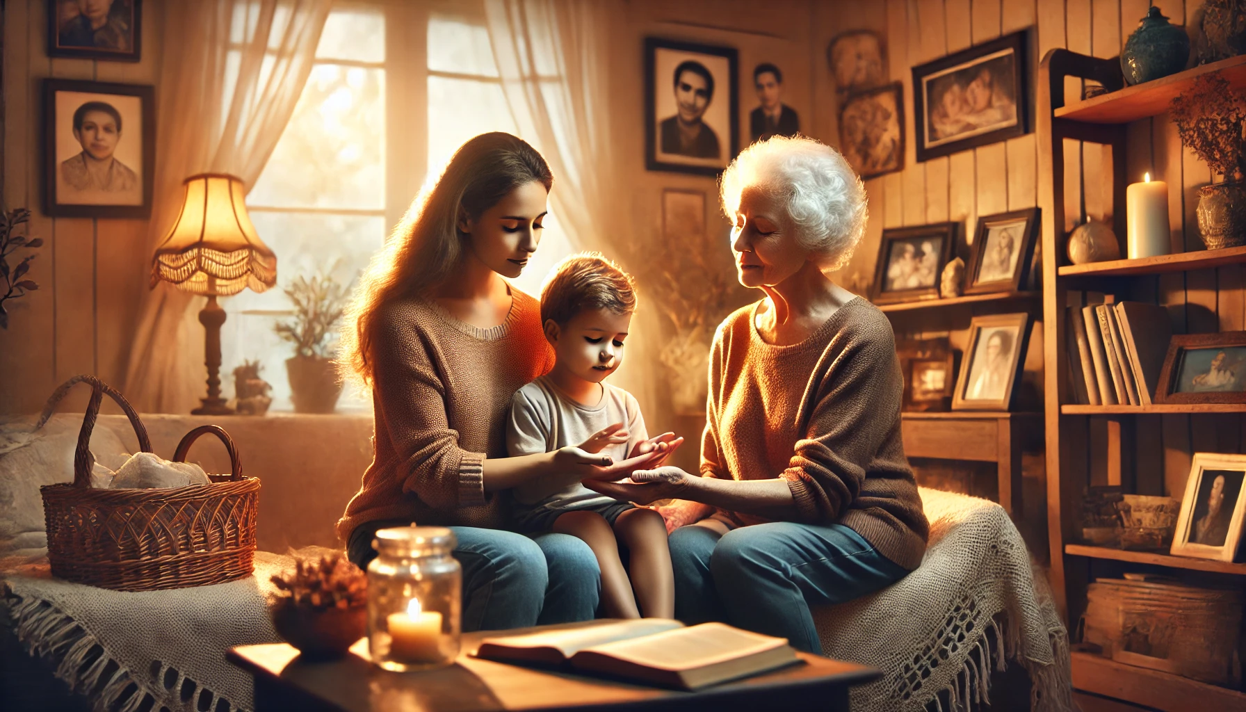 A multi-generational family gathered in a warm, cozy living room.