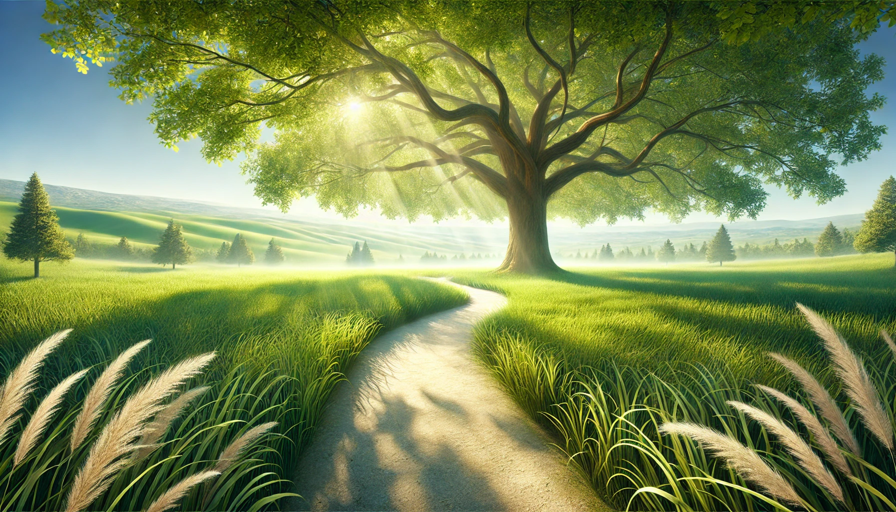 A serene meadow with a large tree in the center, its branches spreading out with vibrant green leaves.
