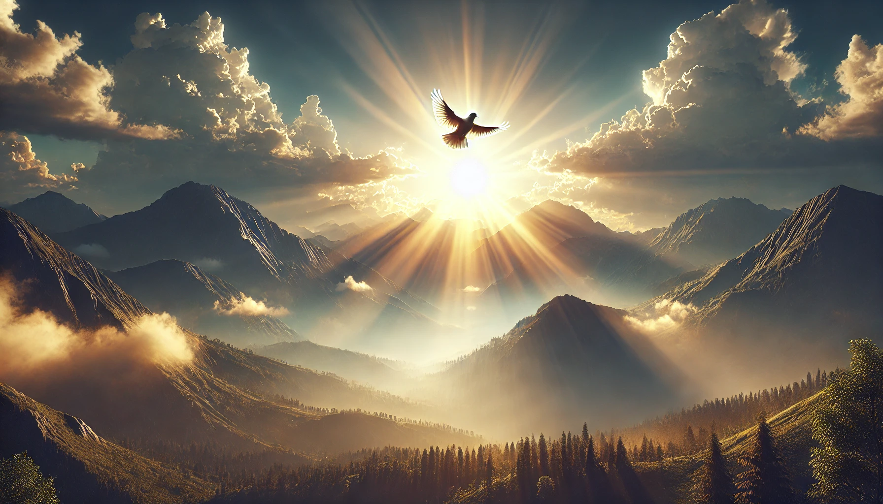 A vast mountain landscape at sunrise, with the sunโs rays piercing through the clouds.