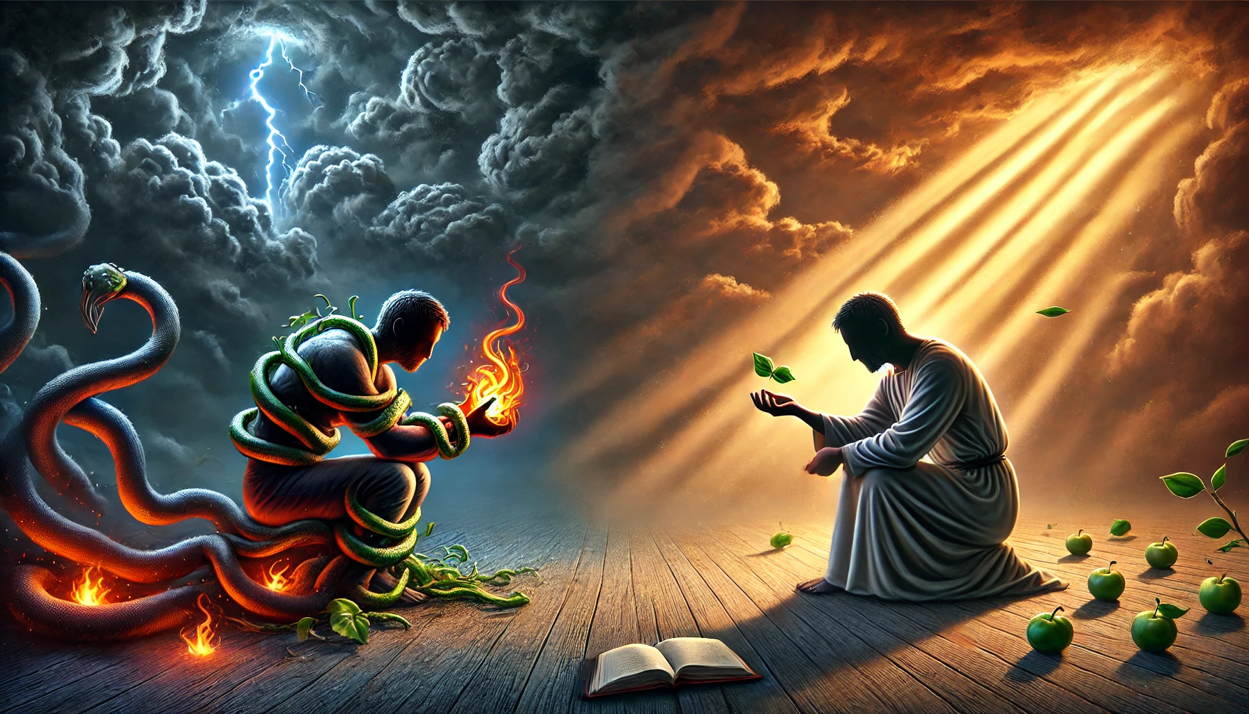 realistic horizontal illustration inspired by James 3_14. The scene shows two contrasting figures_ one clutching a glowing, twisted