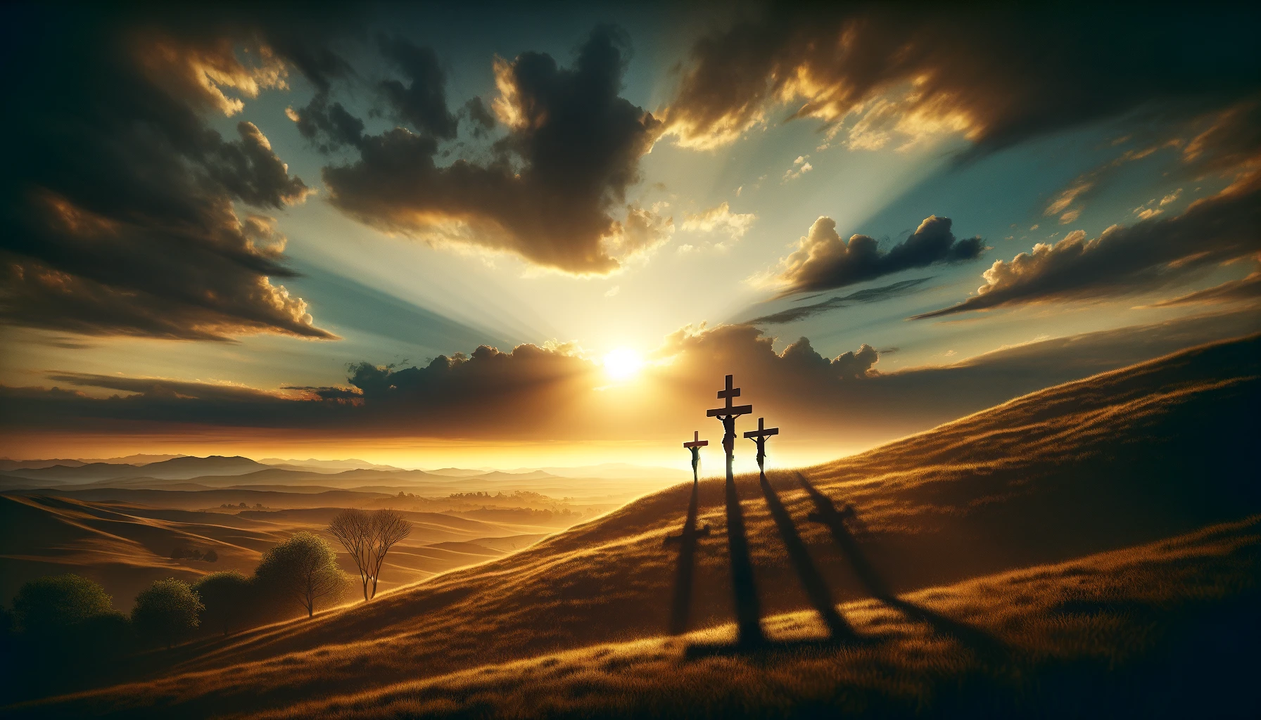 realistic horizontal image of a quiet hill with three wooden crosses silhouetted against a dramatic sunset sky. The light is warm and golden,