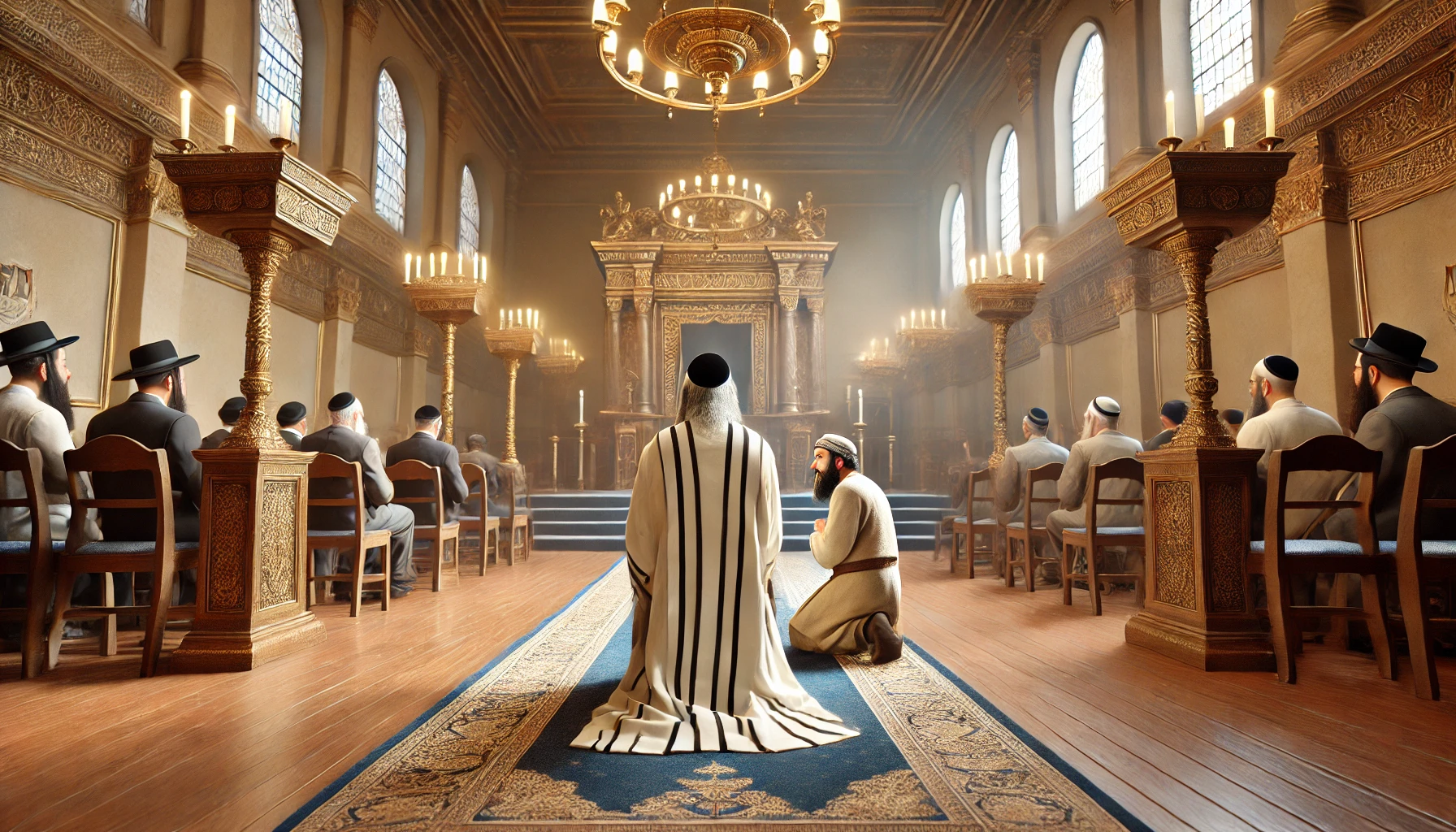 A Pharisee and a humble man in a synagogue.