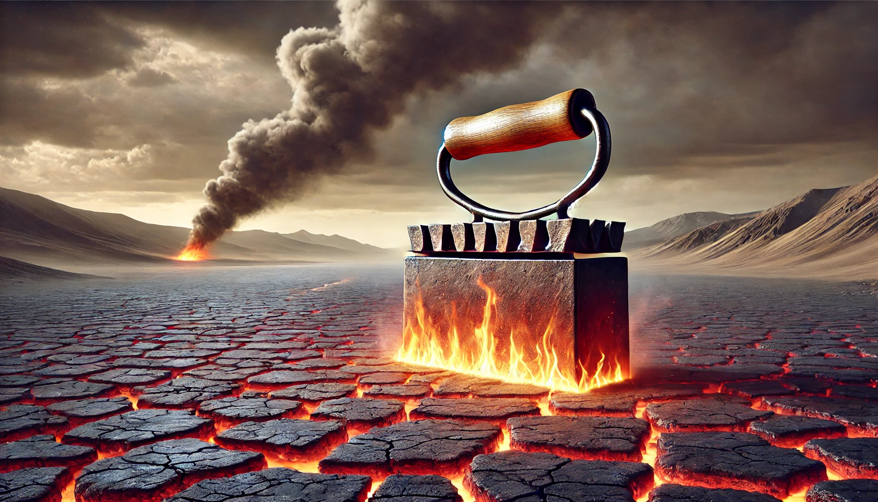 A branding iron glowing red-hot in the foreground, with smoke rising from a seared ground