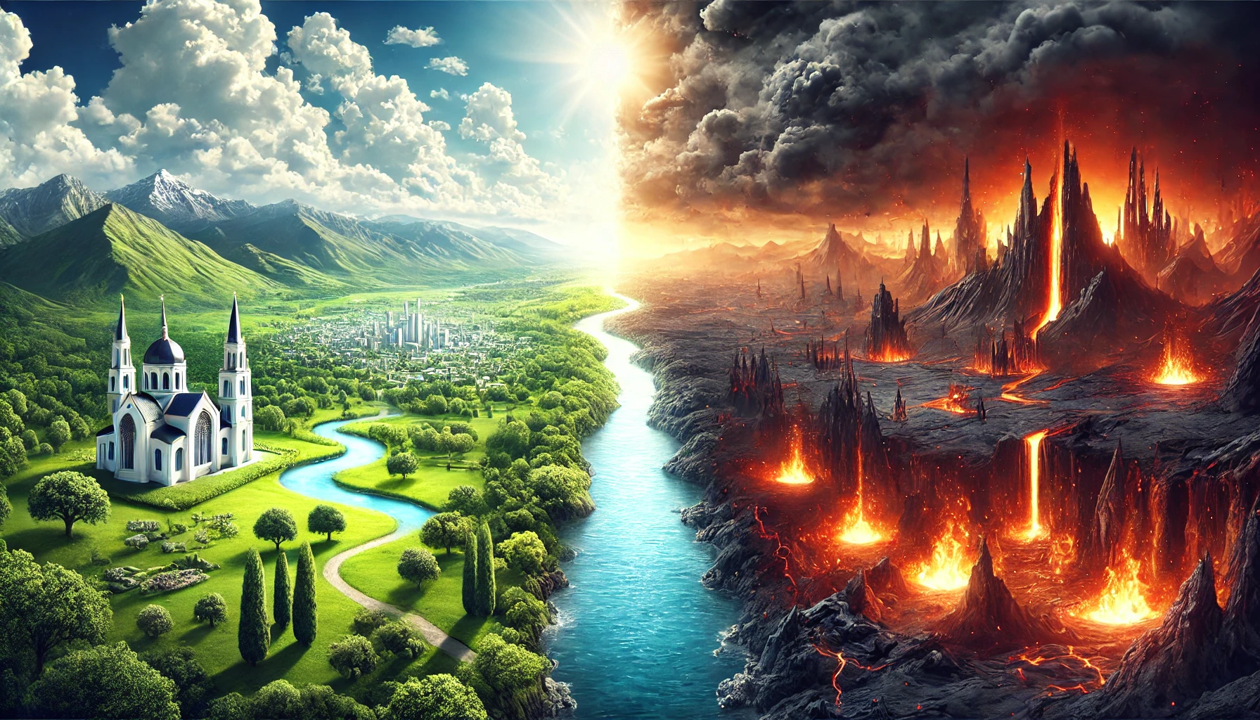 A contrast between a heavenly city filled with light, and one filled with darkness.