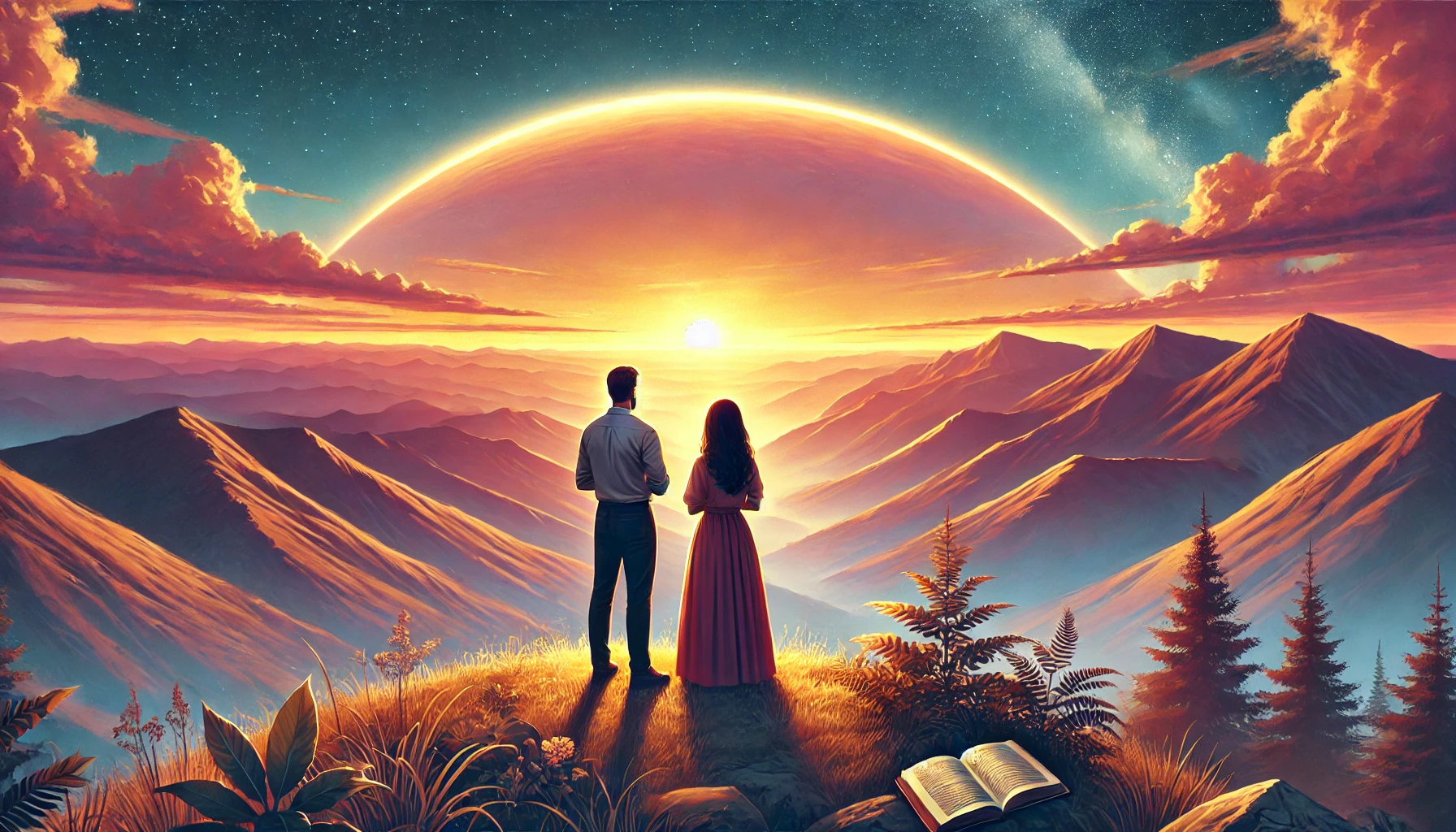 A couple standing on a mountain overlook at sunrise, holding a Bible, representing hope and a shared journey.