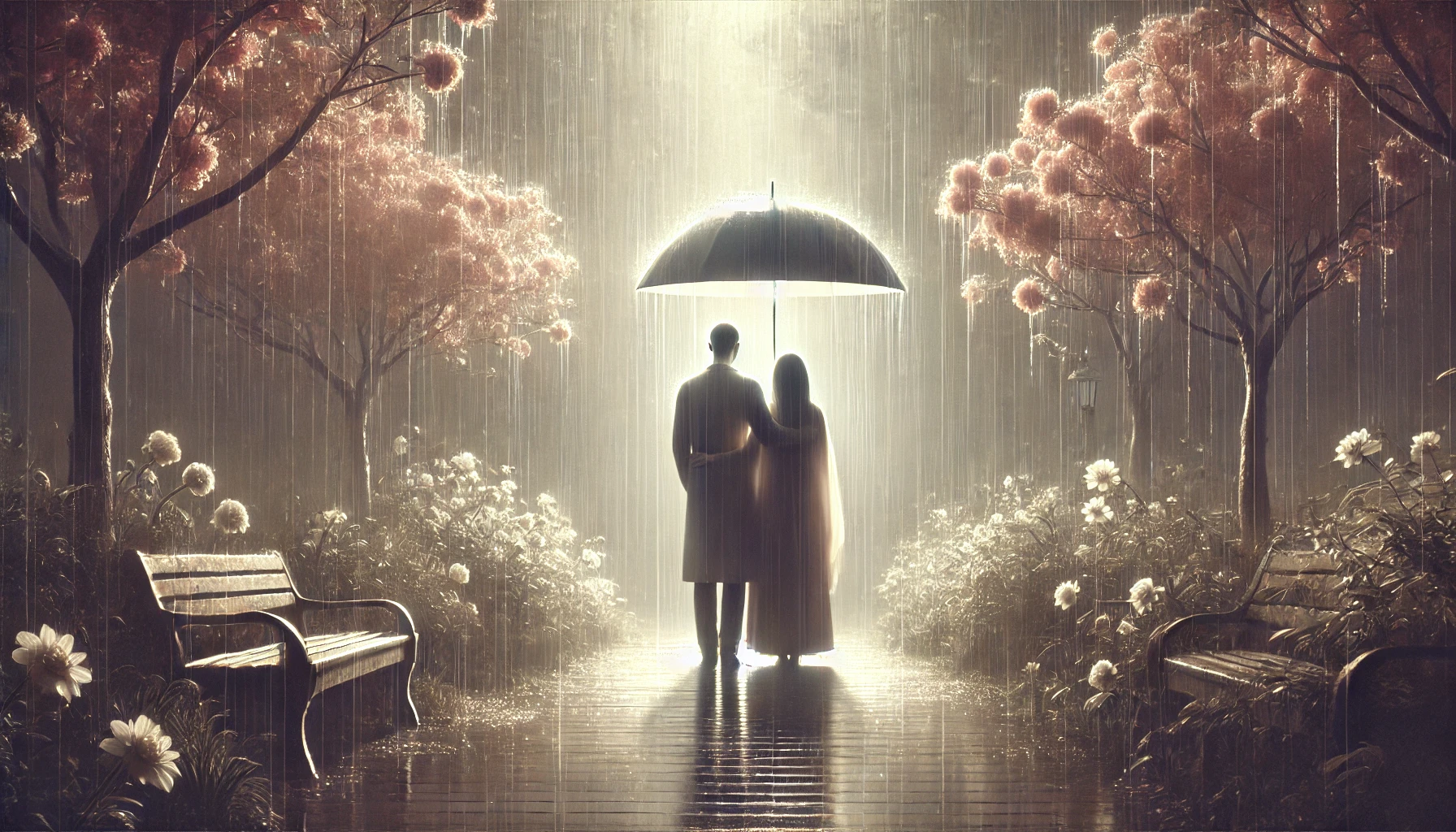A couple under an umbrella in a quiet park during soft rain.