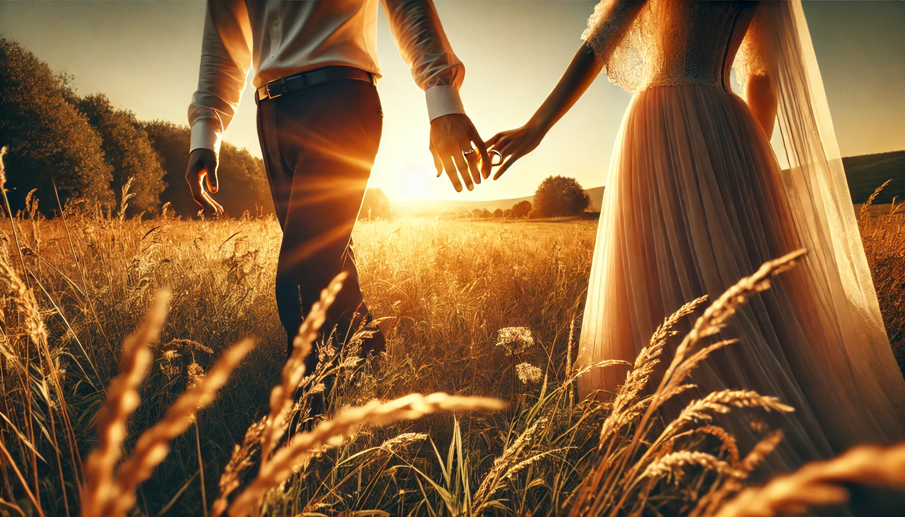 A couple walking hand in hand through a serene meadow at sunset, their wedding rings glinting in the golden light.