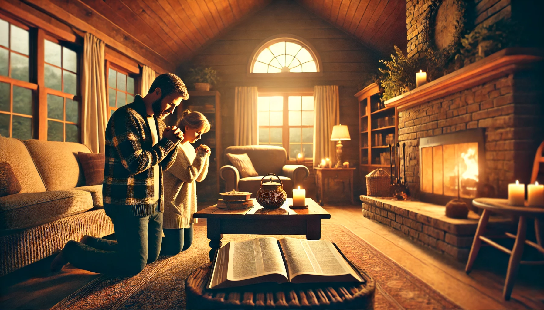 A cozy living room scene with a couple kneeling in prayer by a warm fireplace.
