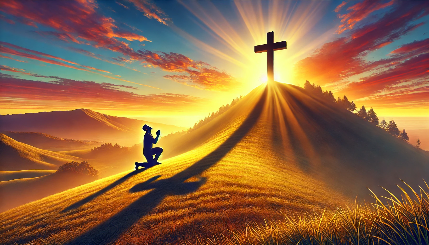 A cross atop a hill, with a shadow of a person kneeling in surrender at the base.