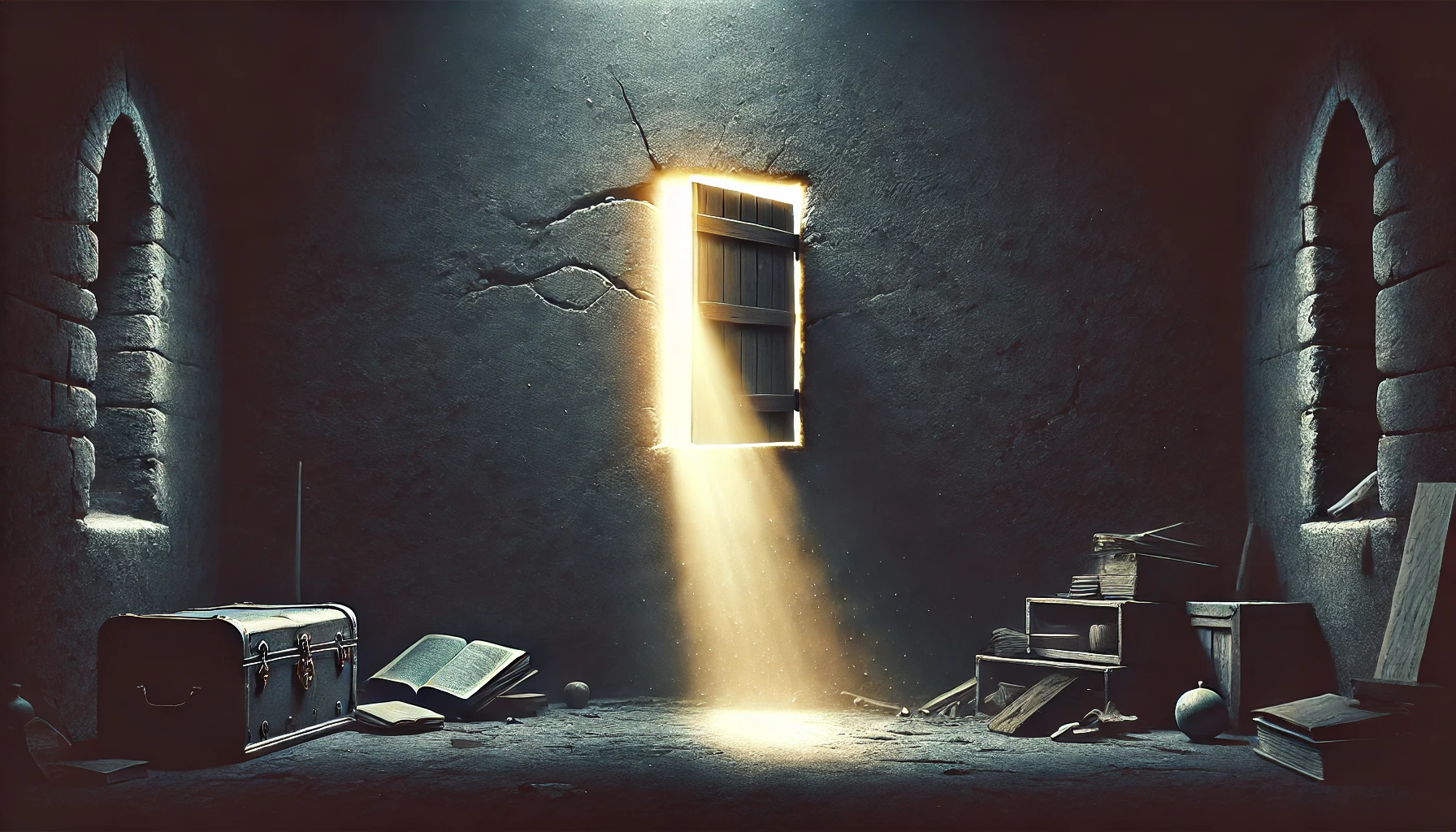 A dark room with a single beam of light breaking through a crack in the wall.