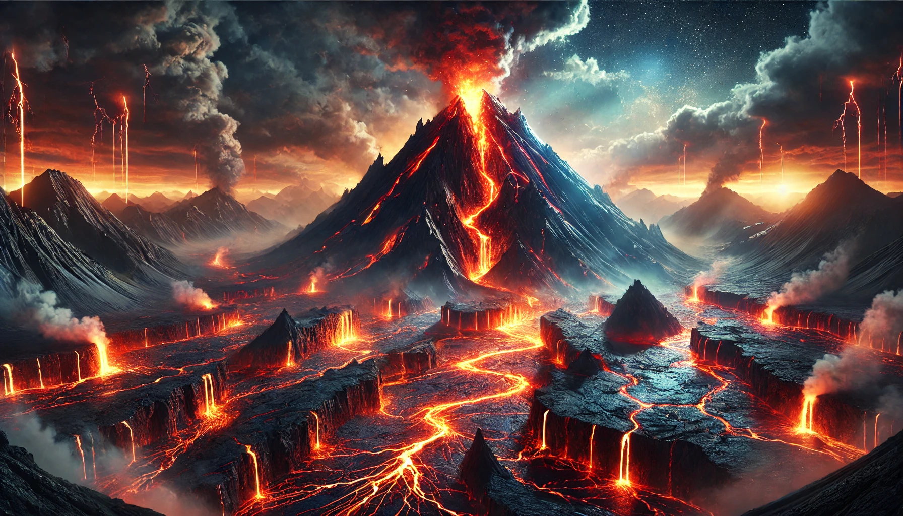 A dramatic scene of a mountain melting under intense heat, with glowing lava streams flowing down its sides.