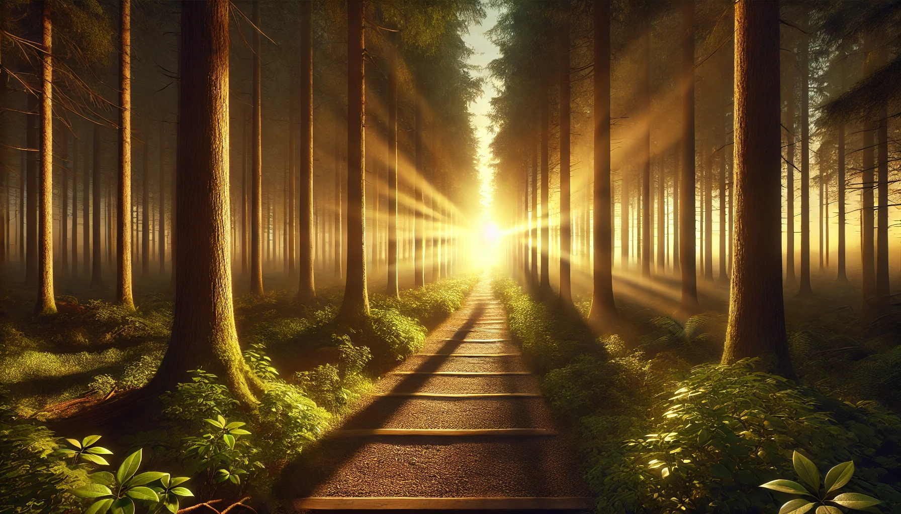A forest path at golden hour, with sunlight streaming through tall trees.