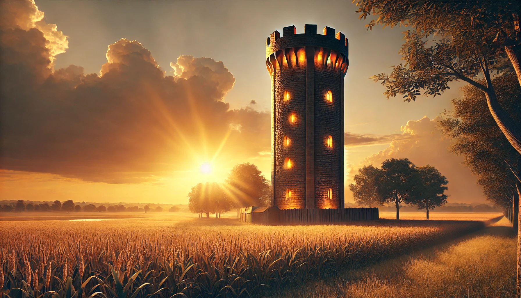 A fortified stone tower illuminated with golden light.