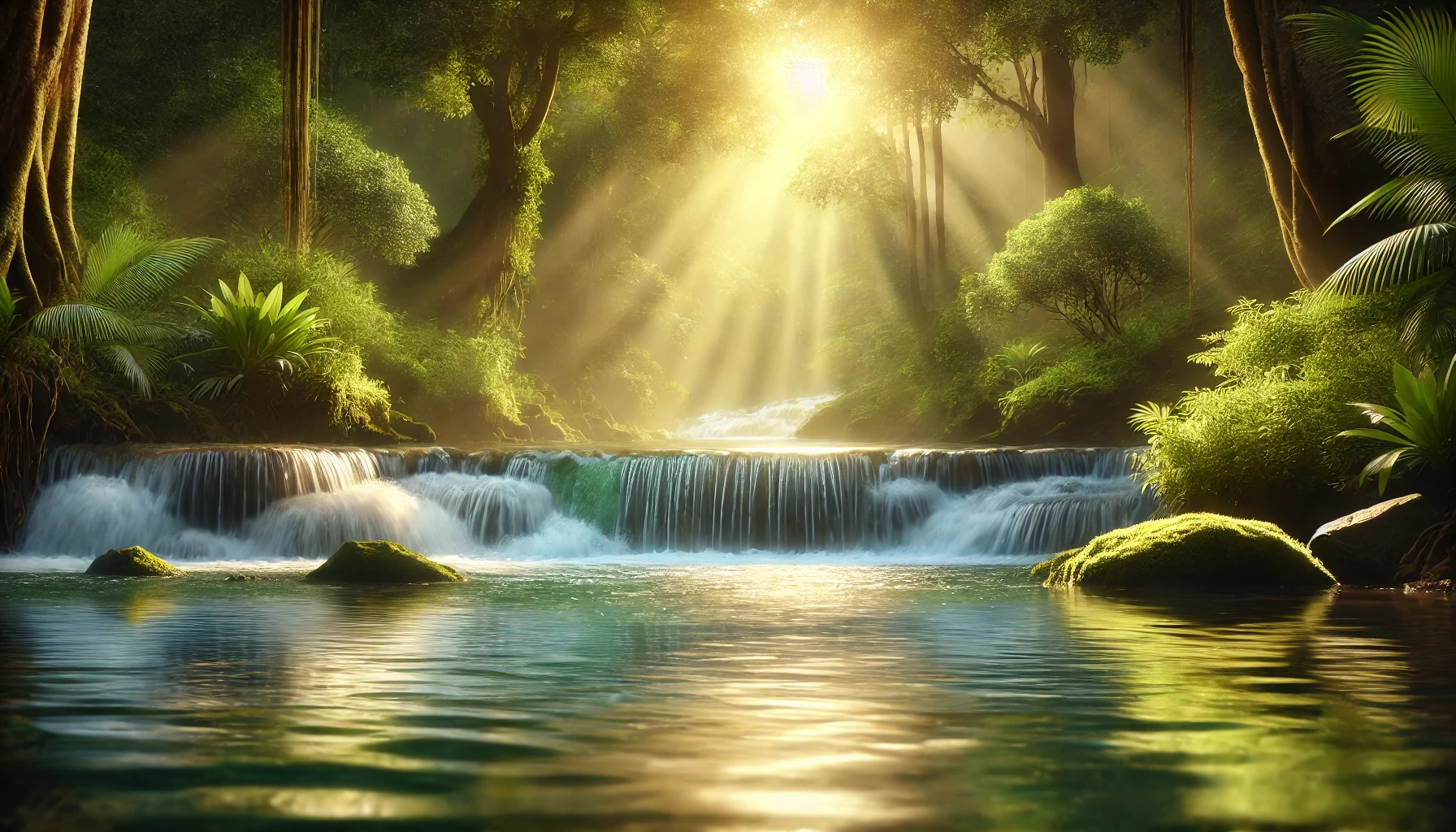 A gentle waterfall cascading into a clear river surrounded by lush greenery.