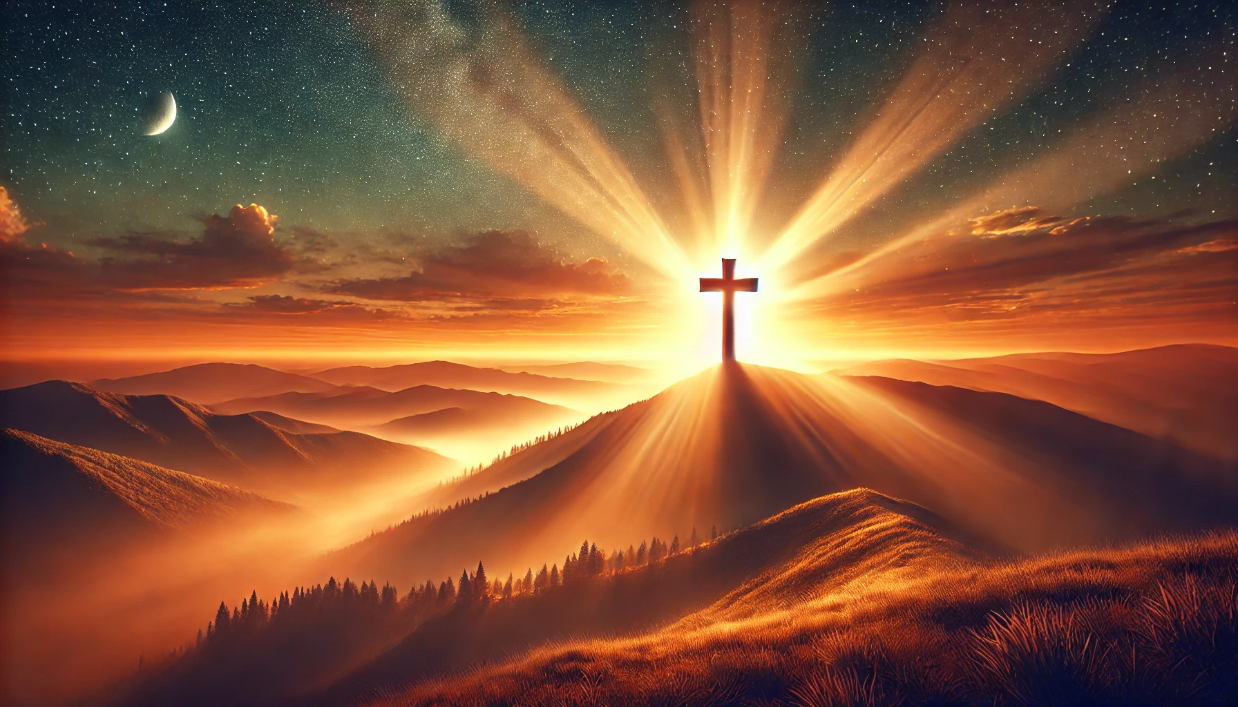 A glowing cross on a hilltop at sunset, radiating light.