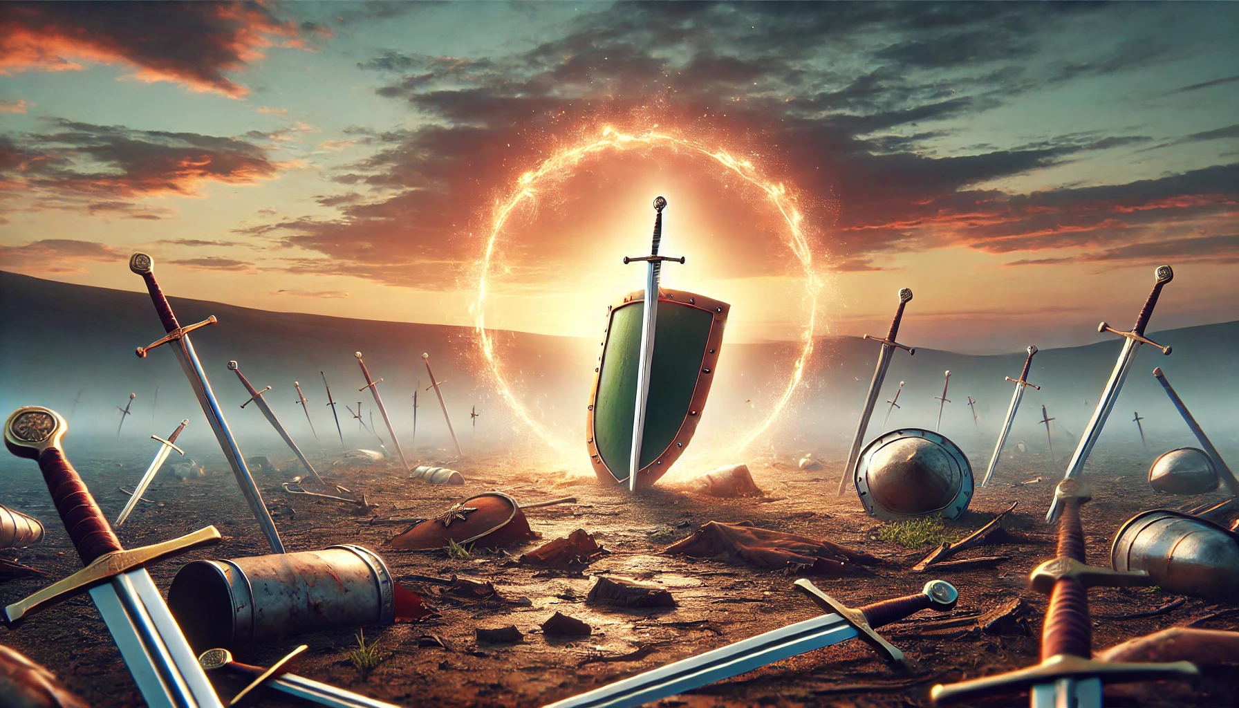 A glowing divine light over a battlefield with broken weapons.