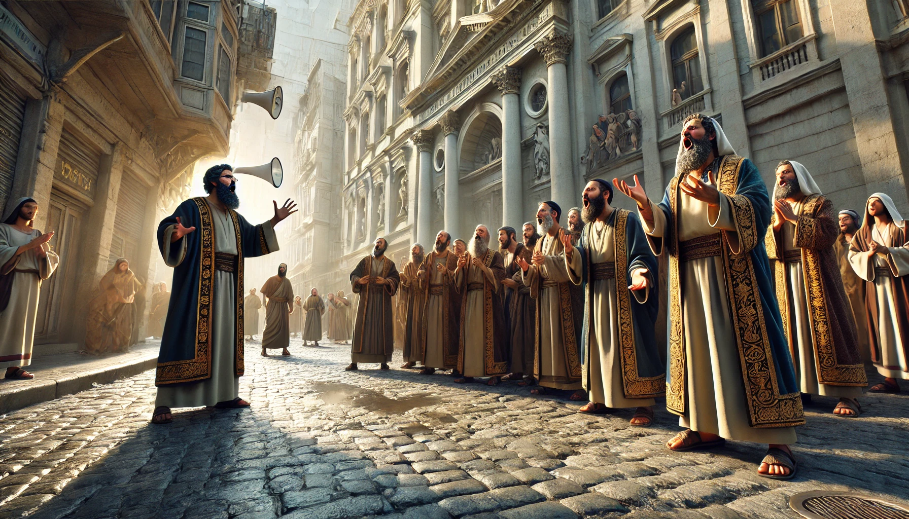 A group of Pharisees in ornate robes standing on a prominent street corner, loudly praying with dramatic gestures.