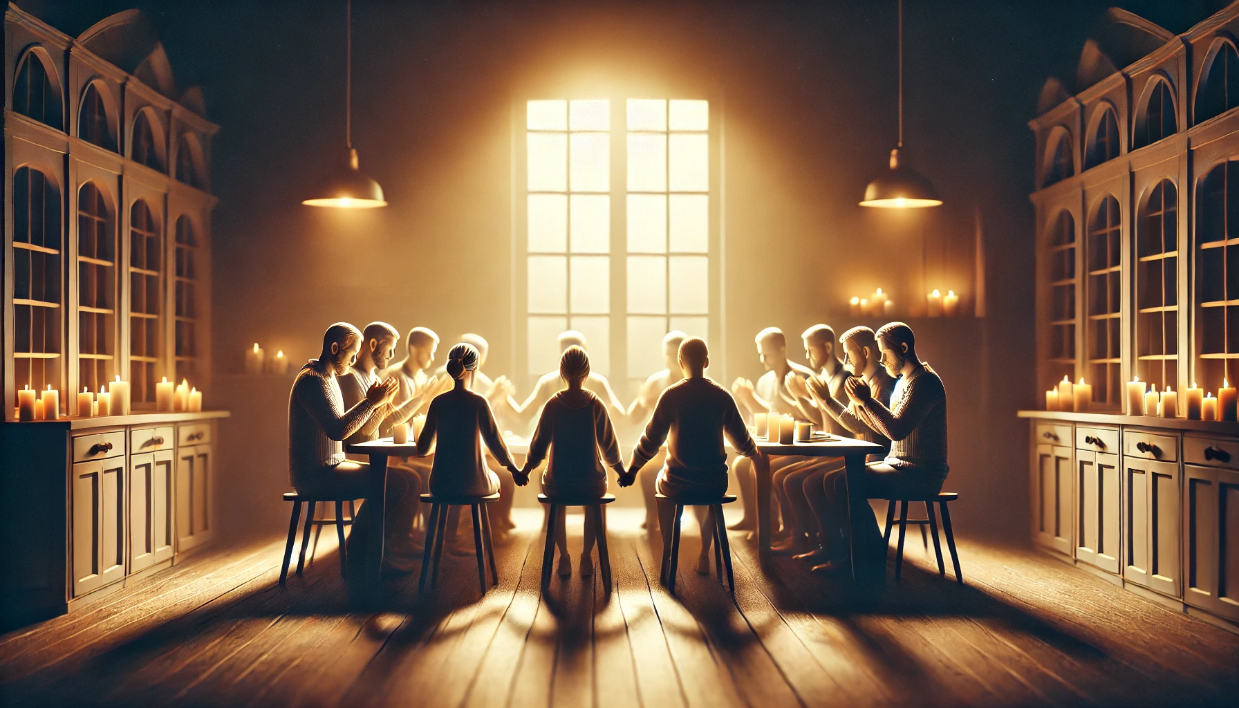A group of people holding hands in prayer around a table.