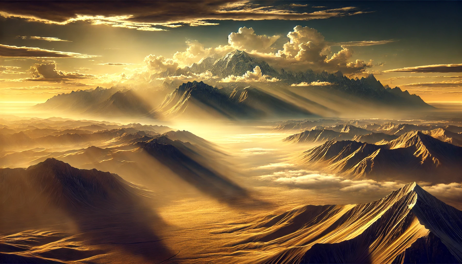 A mountain range with sun rays.