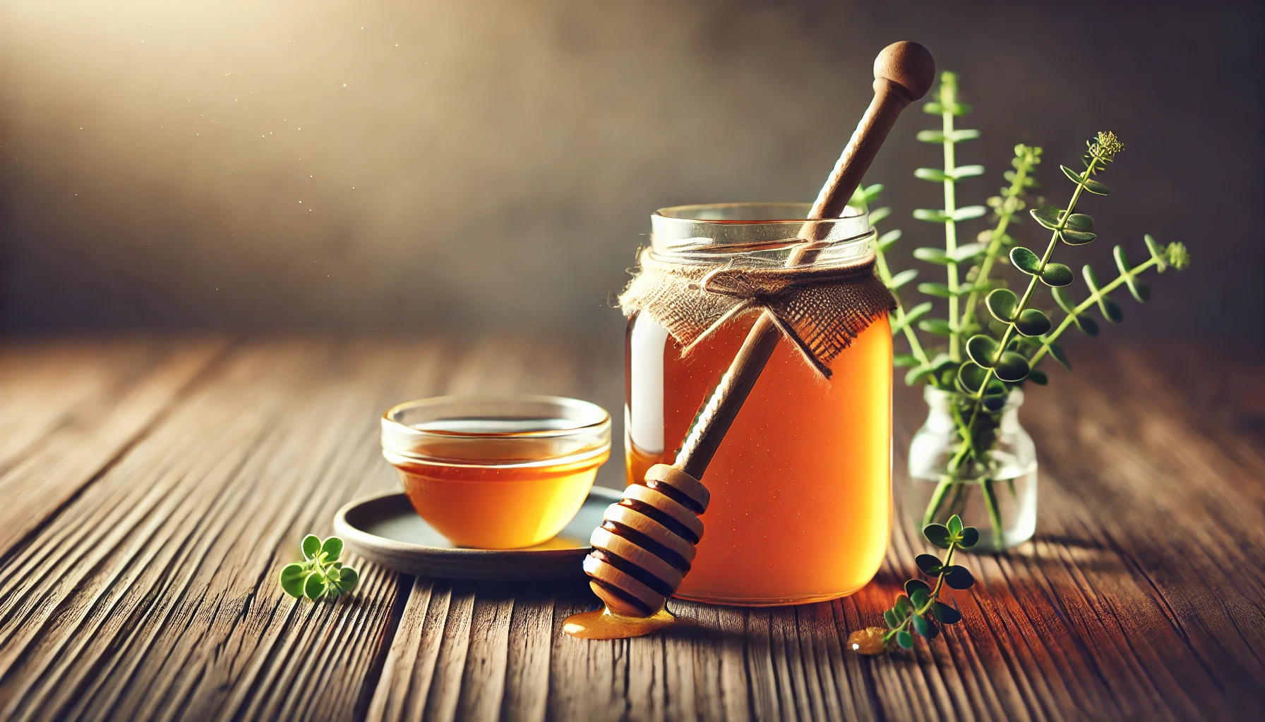 A honey jar with a wooden honey dipper resting on its edge, next to a small serving of honey on a plate.