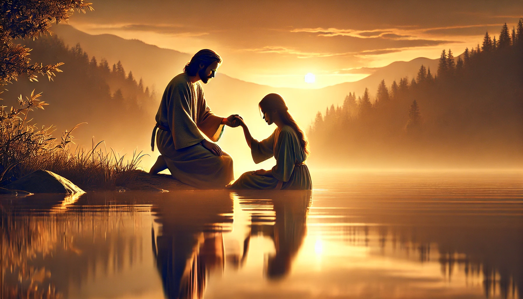A husband and wife sitting at the edge of a serene lake at sunset.