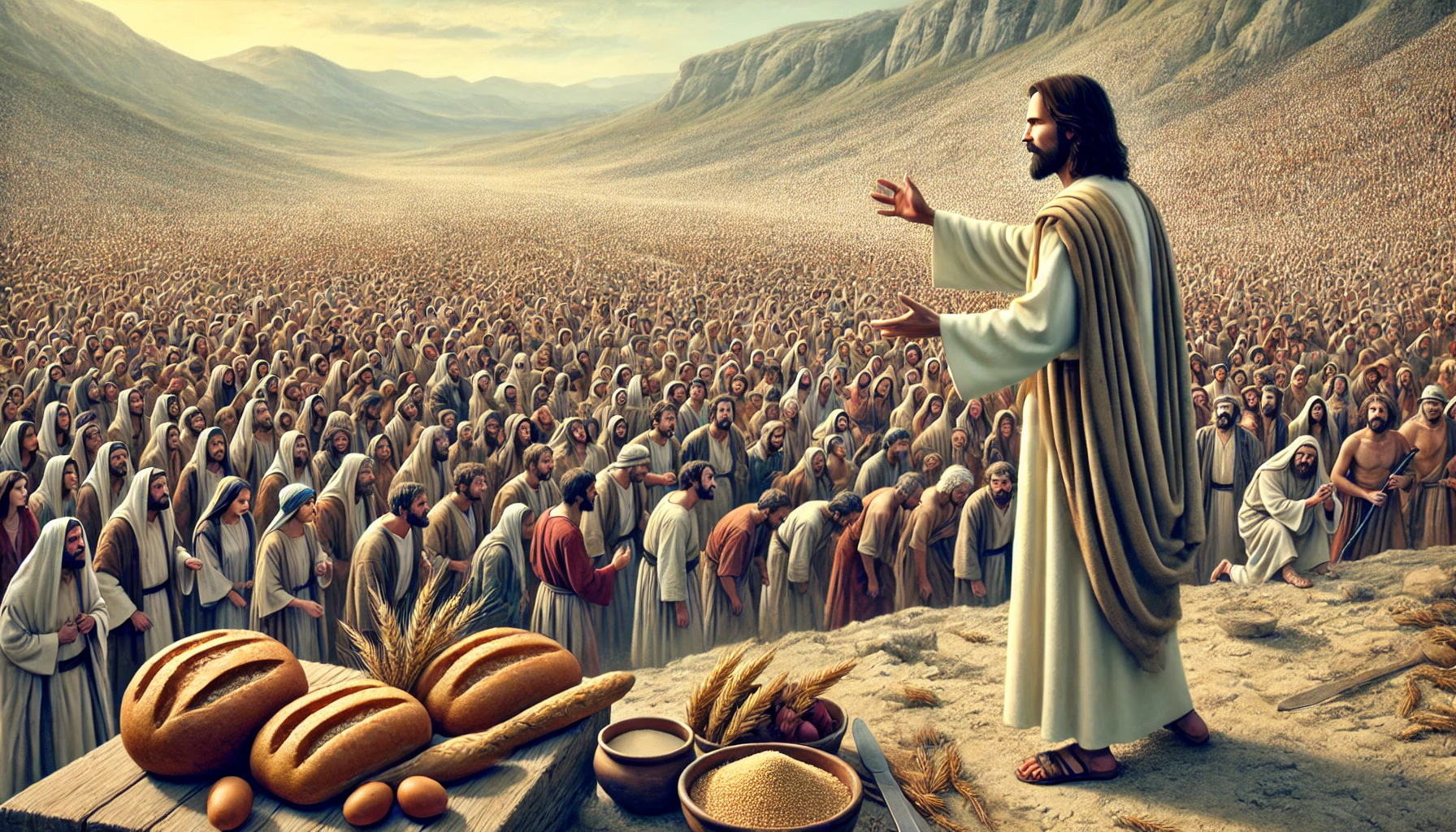 A large crowd gathered on a hillside, representing a multitude of thousands.