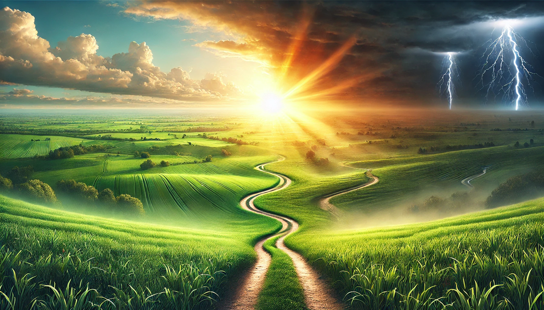 A lush, green countryside split into two paths.