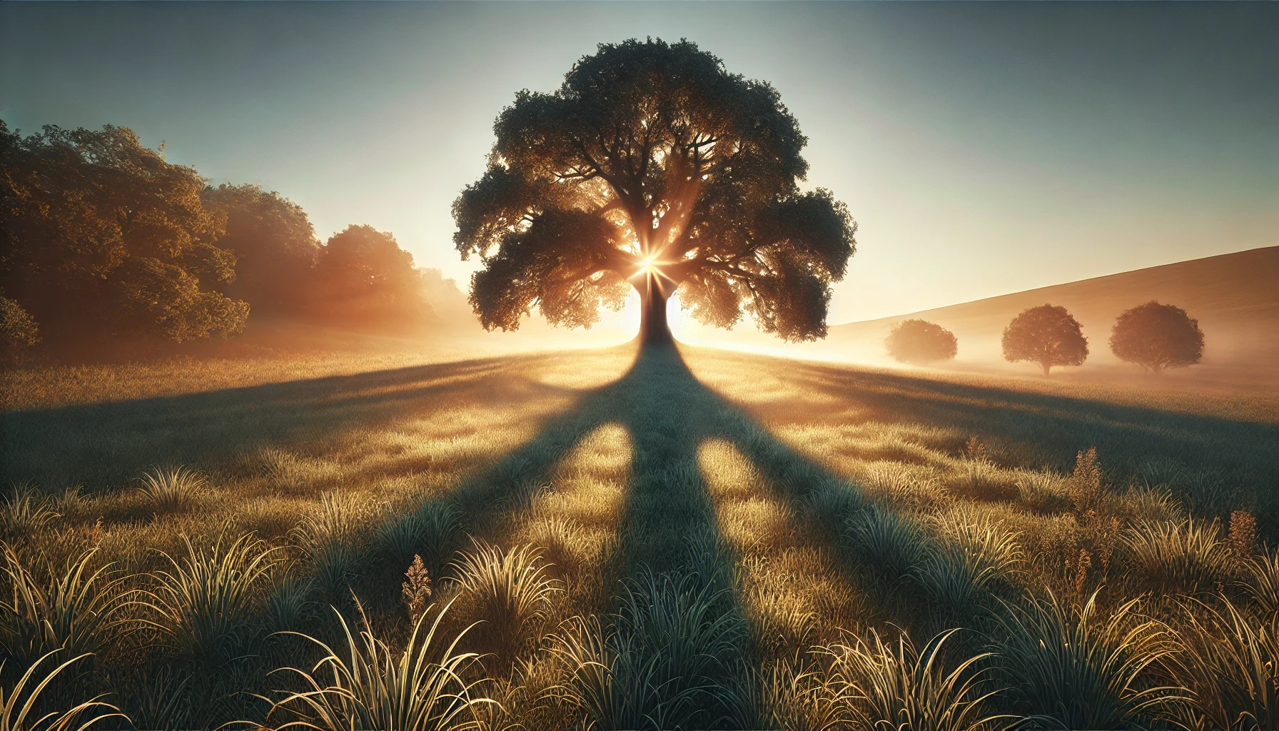 A majestic oak tree casting a shadow in a peaceful meadow.