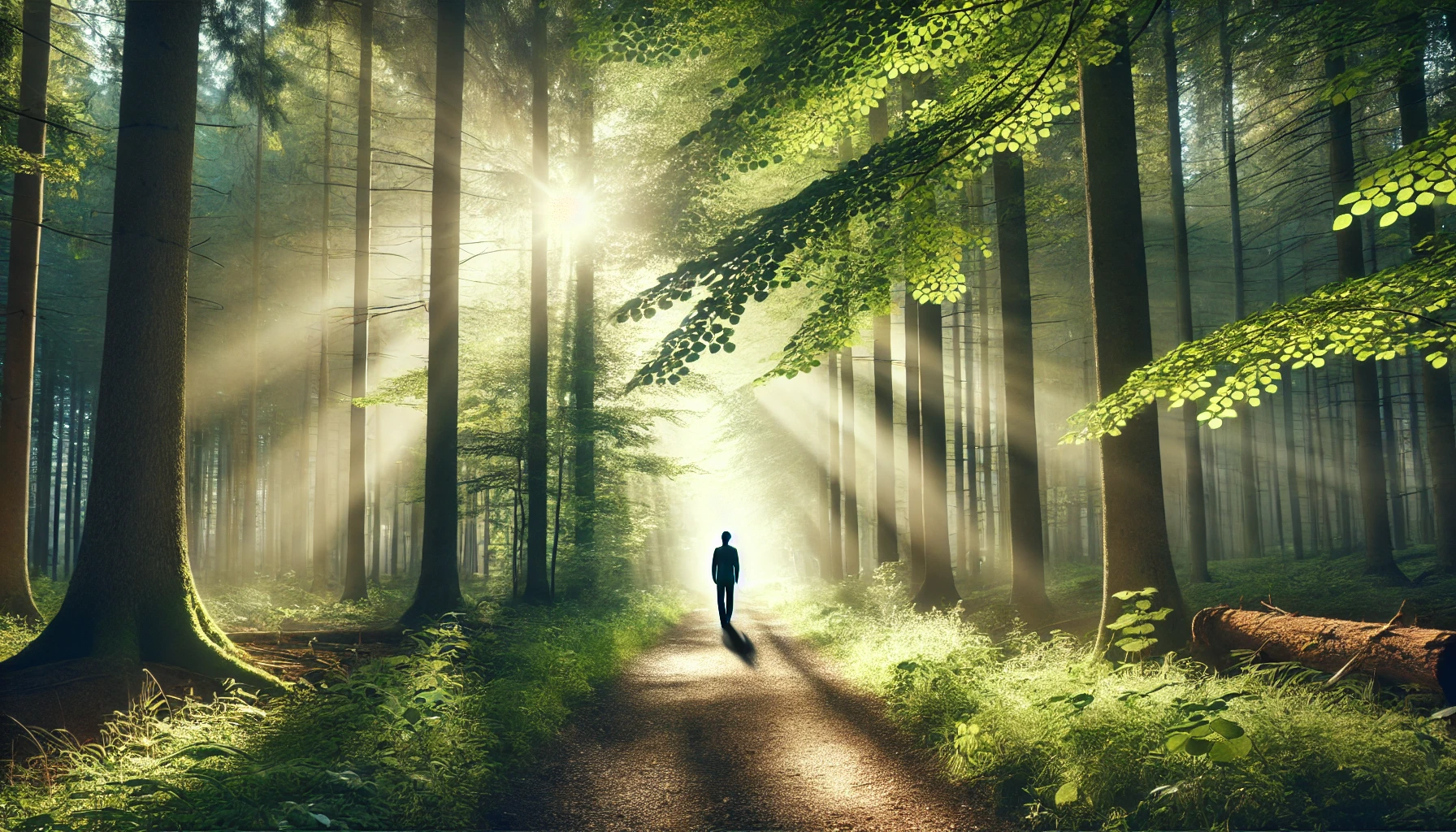 A man walking through a tranquil forest path, sunlight filtering through the canopy.