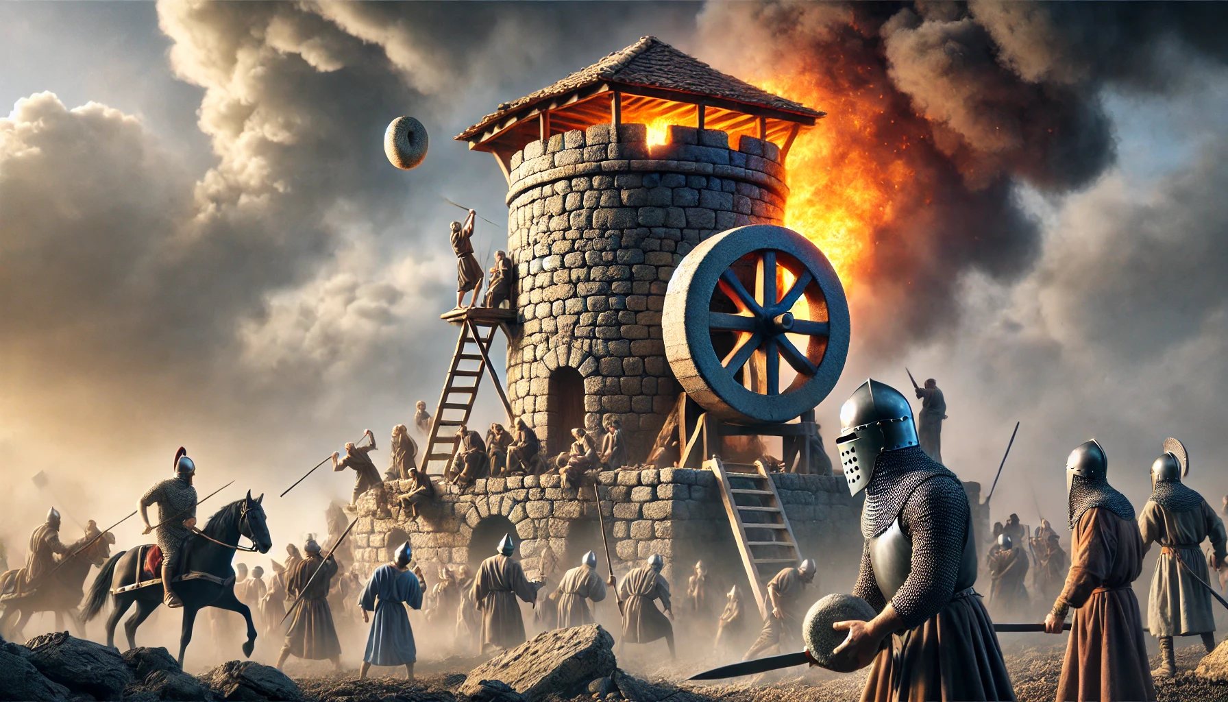 A medieval tower under siege, with fire at its base and figures climbing to the tower.