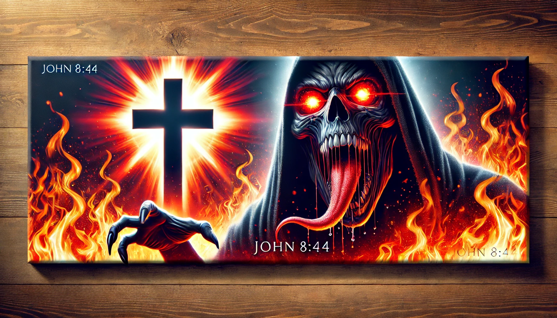 A menacing shadowy figure with glowing red eyes and a sharp tongue, surrounded by fire.